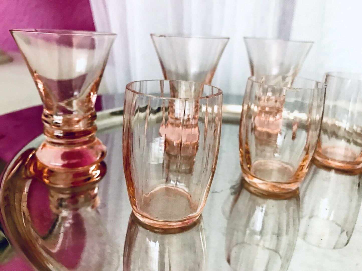 Antik ~1900 -20 6x Schnapsgläser Likör Gläser Pinchen optisch gerippt Glas rosa