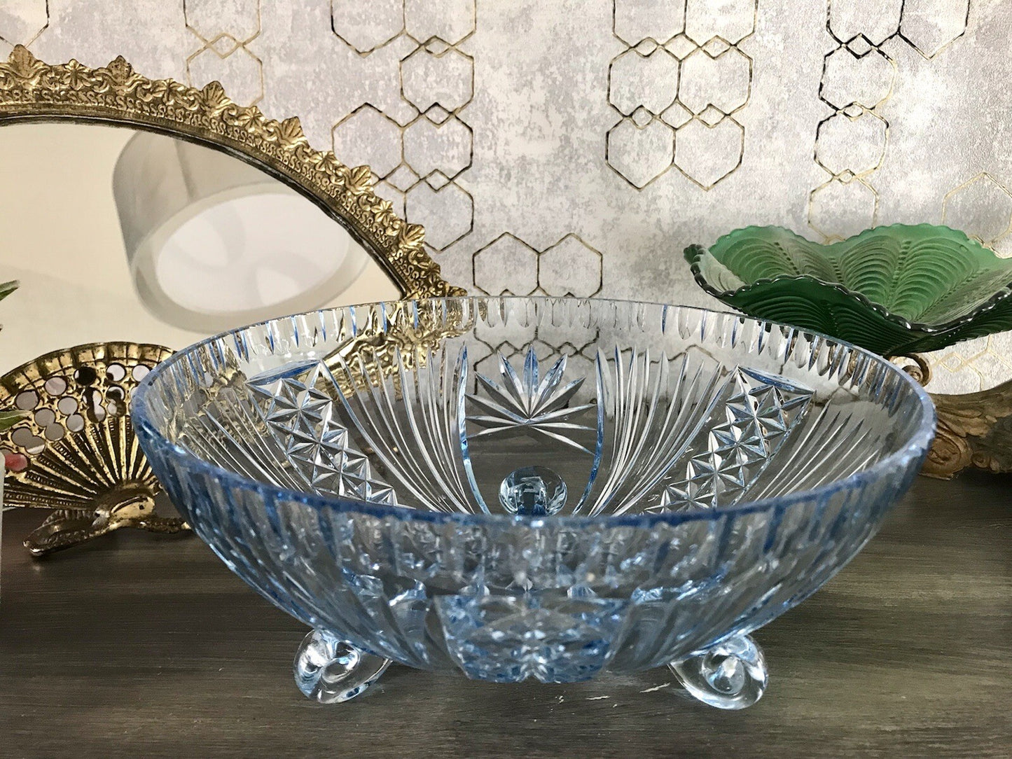 Antik EDEL blau Art Déco Schale Glasschale mundgeblasen geschliffen 3füssig