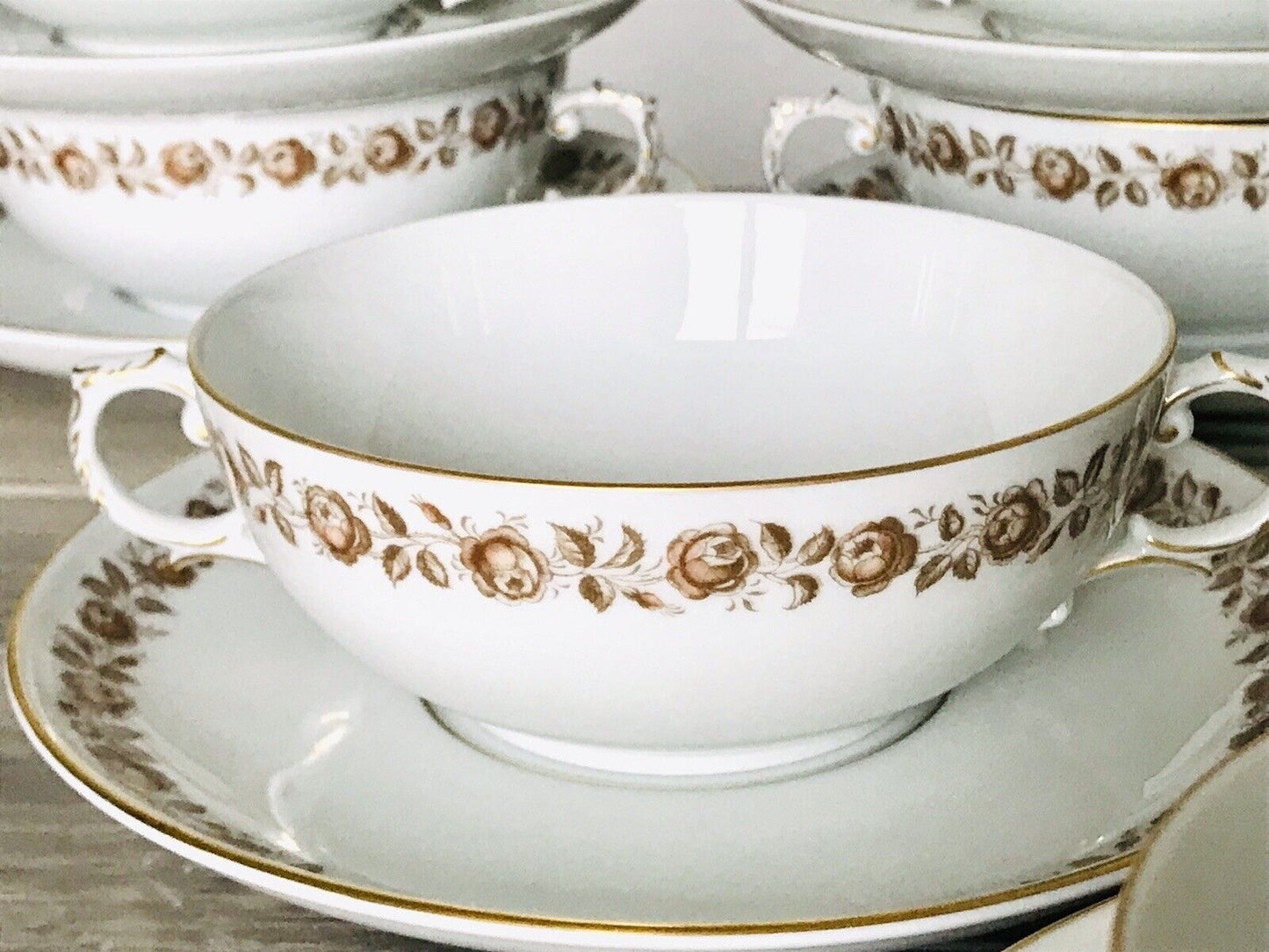 Vintage Porzellan Tafelservice Fürstenberg 12 Suppentassen weiß braun gold