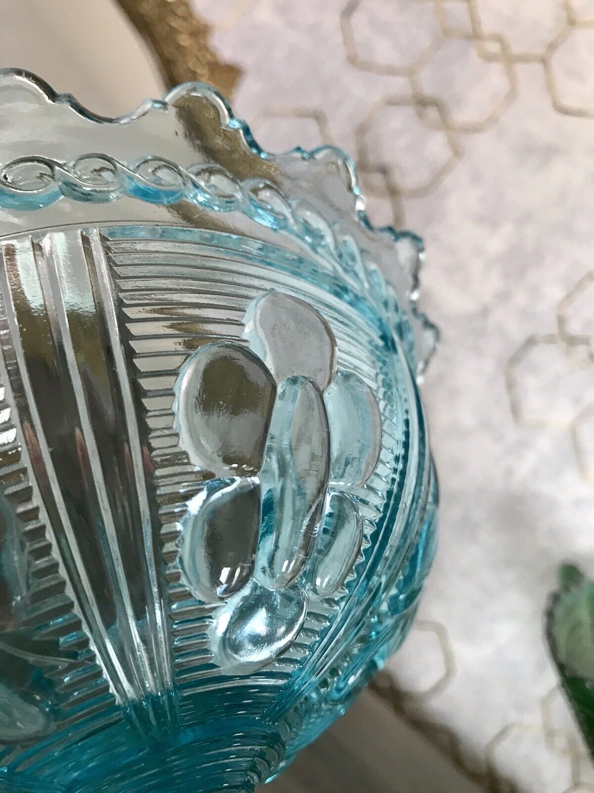 Antik Jugendstil Art Déco Pressglas Schale Fußschale Zuckerschale blau türkis