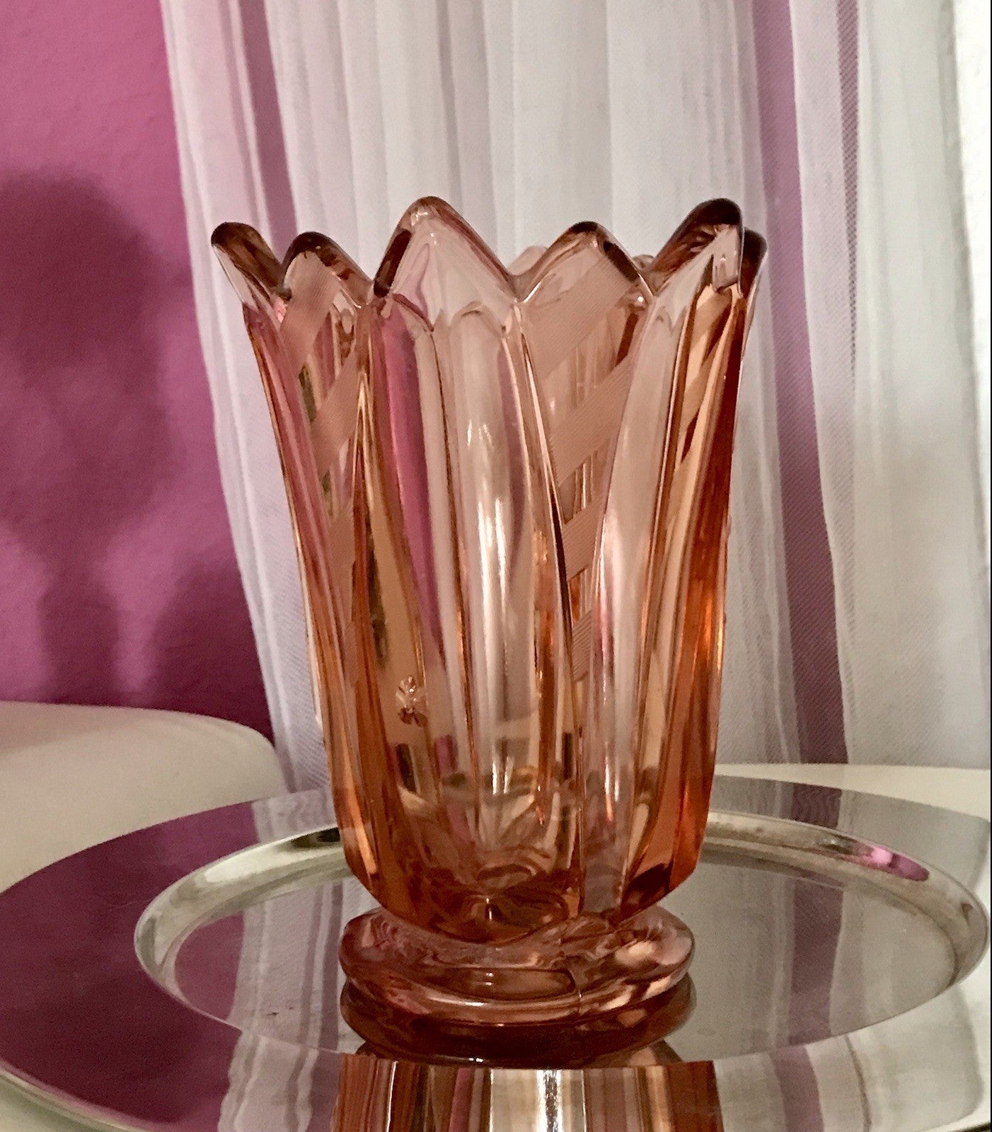 Antik Art Déco Vase Glasvase Pressglas Glas Rosalin rosa Blumenvase Schwepnitz