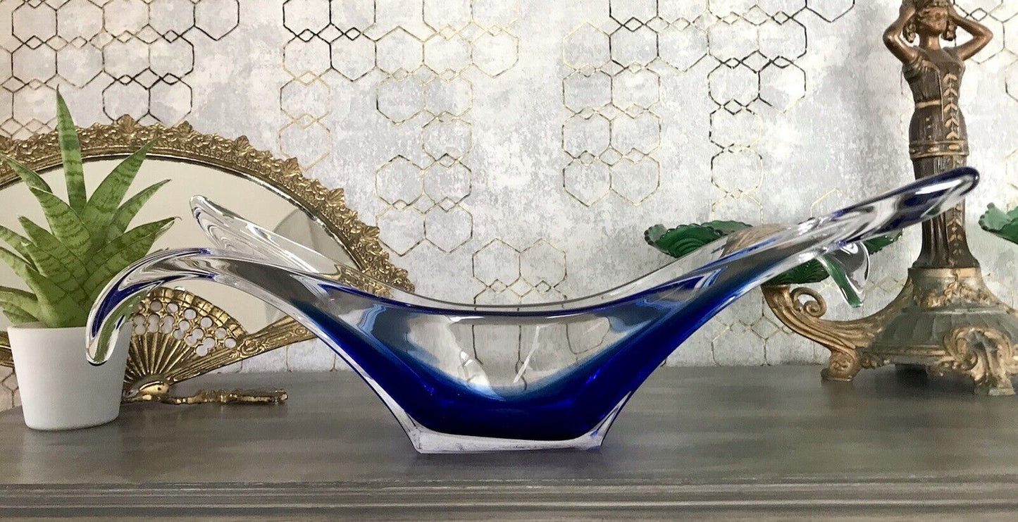 Murano 60er 70er Jahre Schale Glas zipfelig blauer Zwischenfang im Klarglas