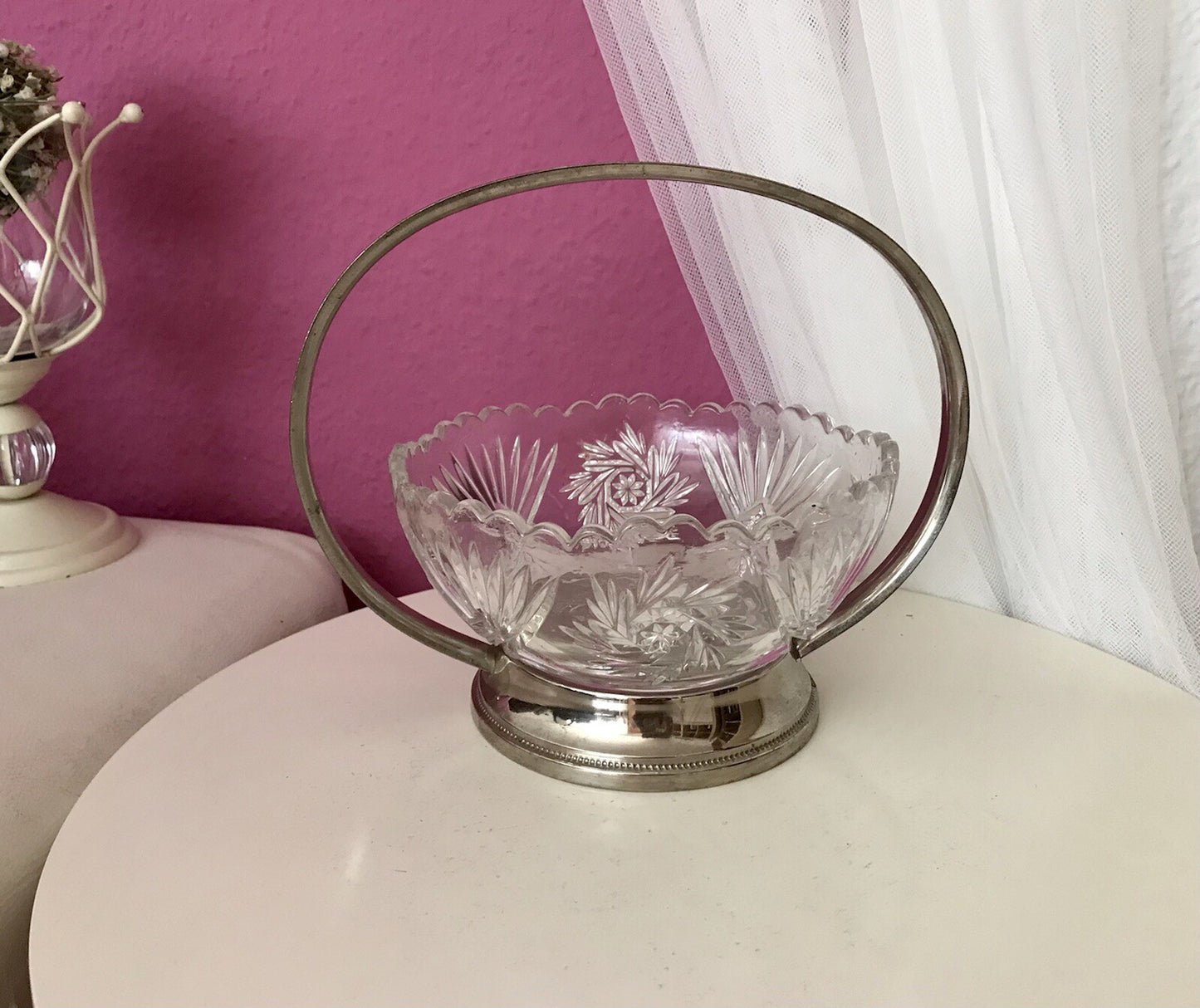 Antik Art Déco Schale Tafelaufsatz Pressglas Metallmontur Korb