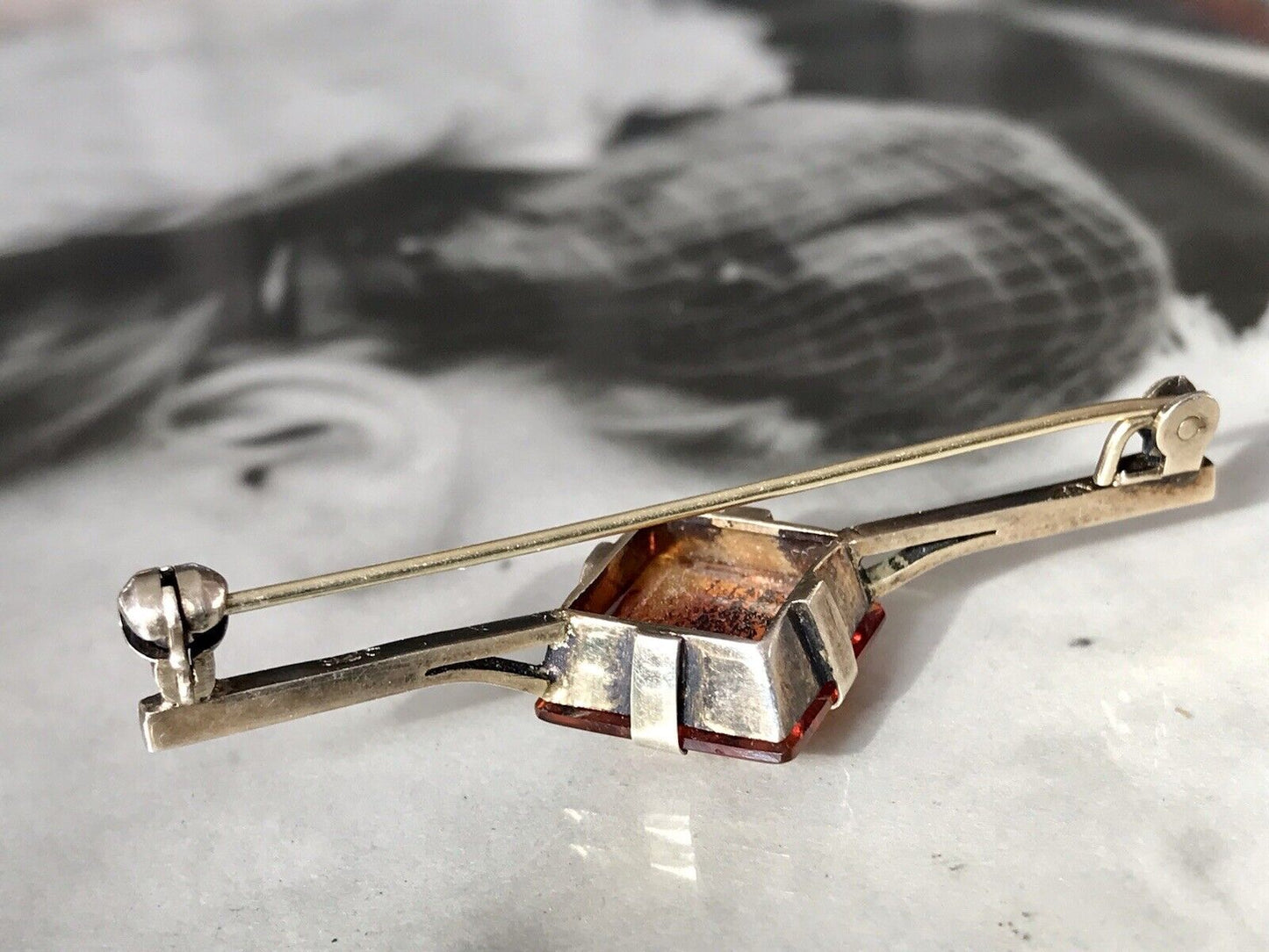 Antik Art Déco Edel Stabbrosche Silber 925 Bernstein vergoldet Brosche