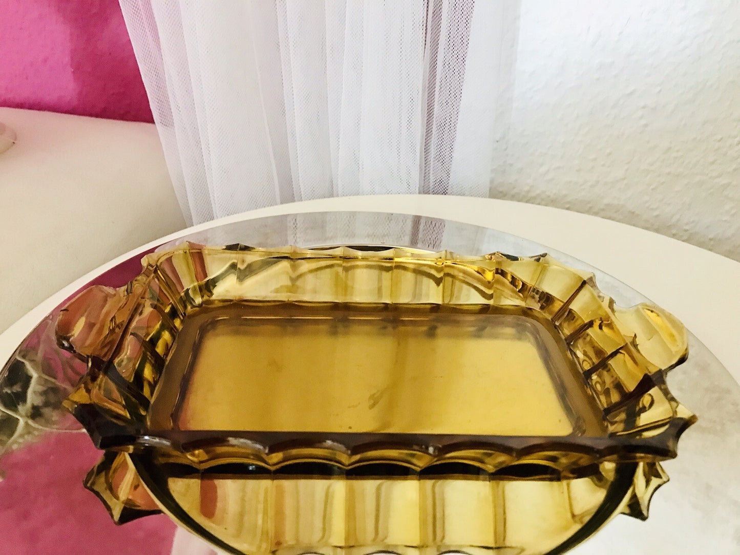 Antik Art Déco bernstein gelb Pressglas Schale kleines Tablett