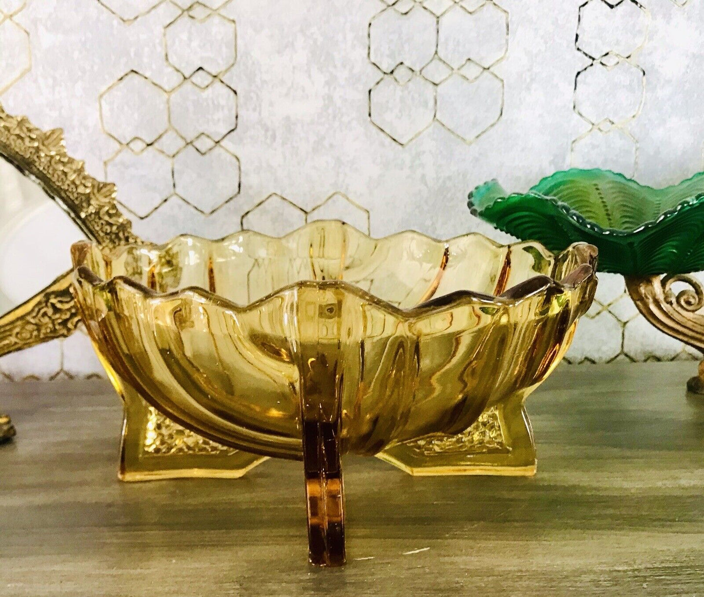 Antik Art Déco gelb Pressglas Jardiniere Schale Glas RAR markant