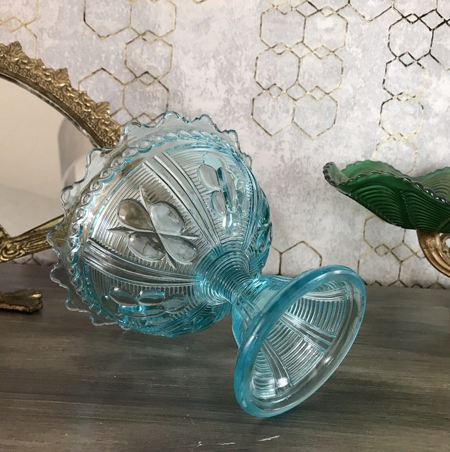 Antik Jugendstil Art Déco Pressglas Schale Fußschale Zuckerschale blau türkis