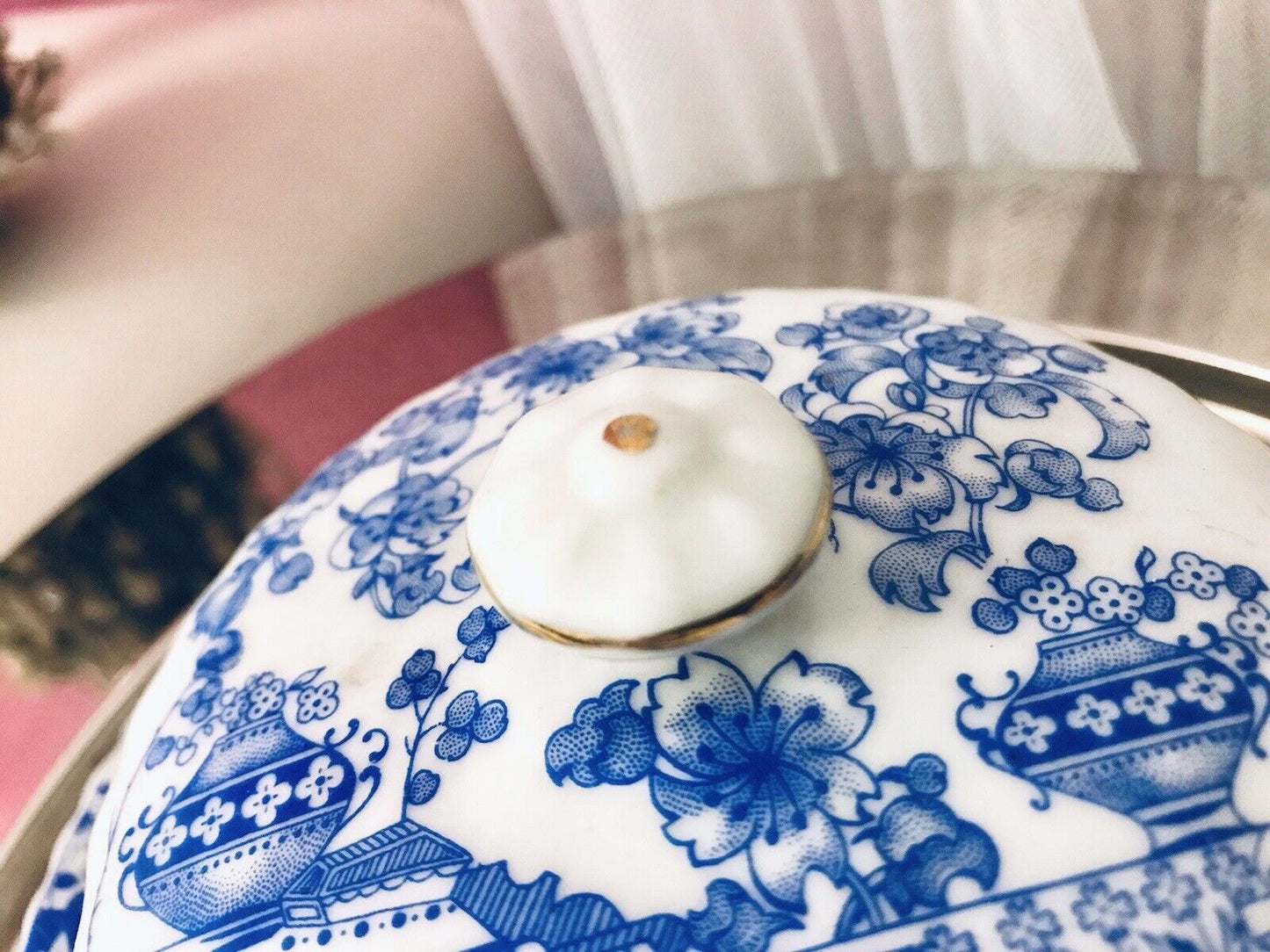 Antik Art Déco Porzellan Butterdose Dose China Blau
