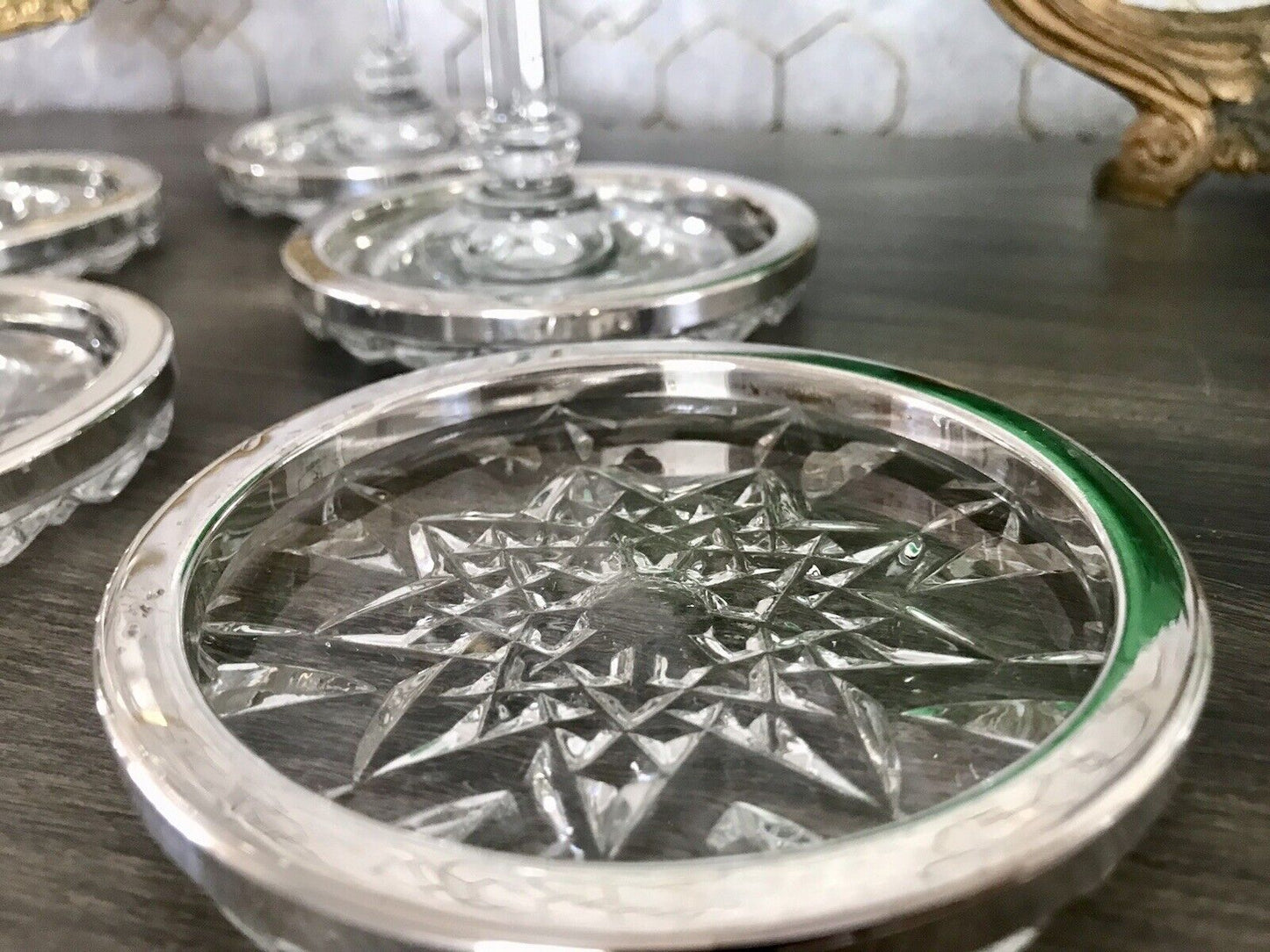 Vintage 6x Untersetzer für Weingläser Glas Kristallglas Bleikristall versilbert