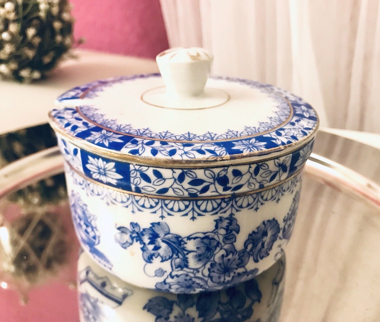 Antik Art Déco Porzellan Deckeldose Dose China Blau Oscar Schaller ??