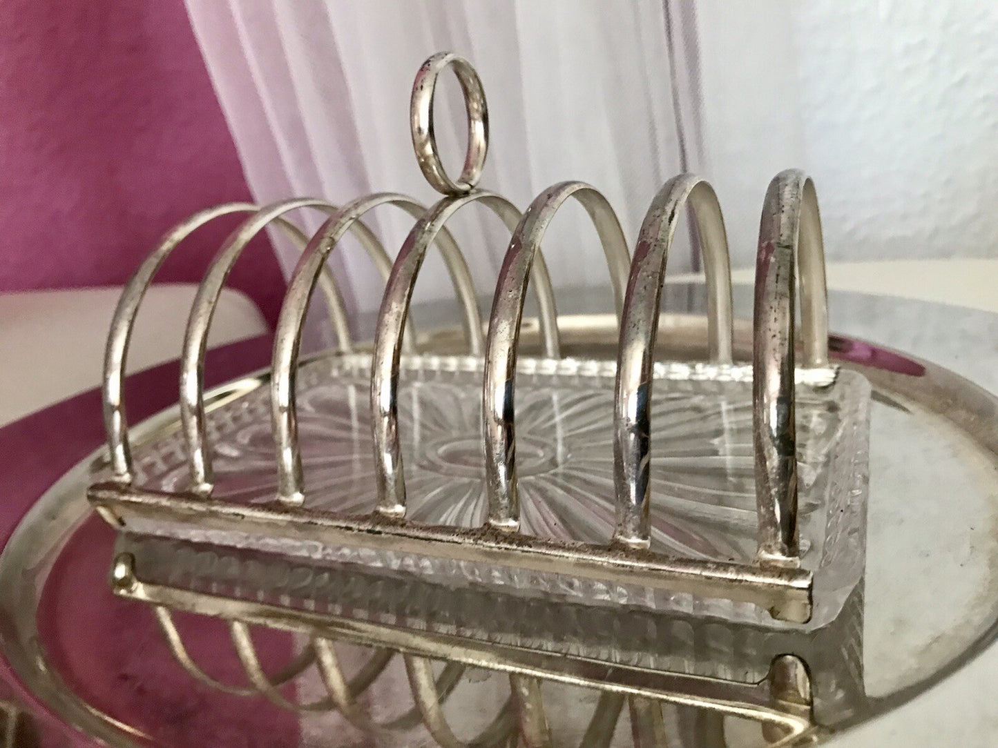 Vintage Toastbrot Ständer Halter versilbert Glaseinsatz Kristallglas 60er Jahre