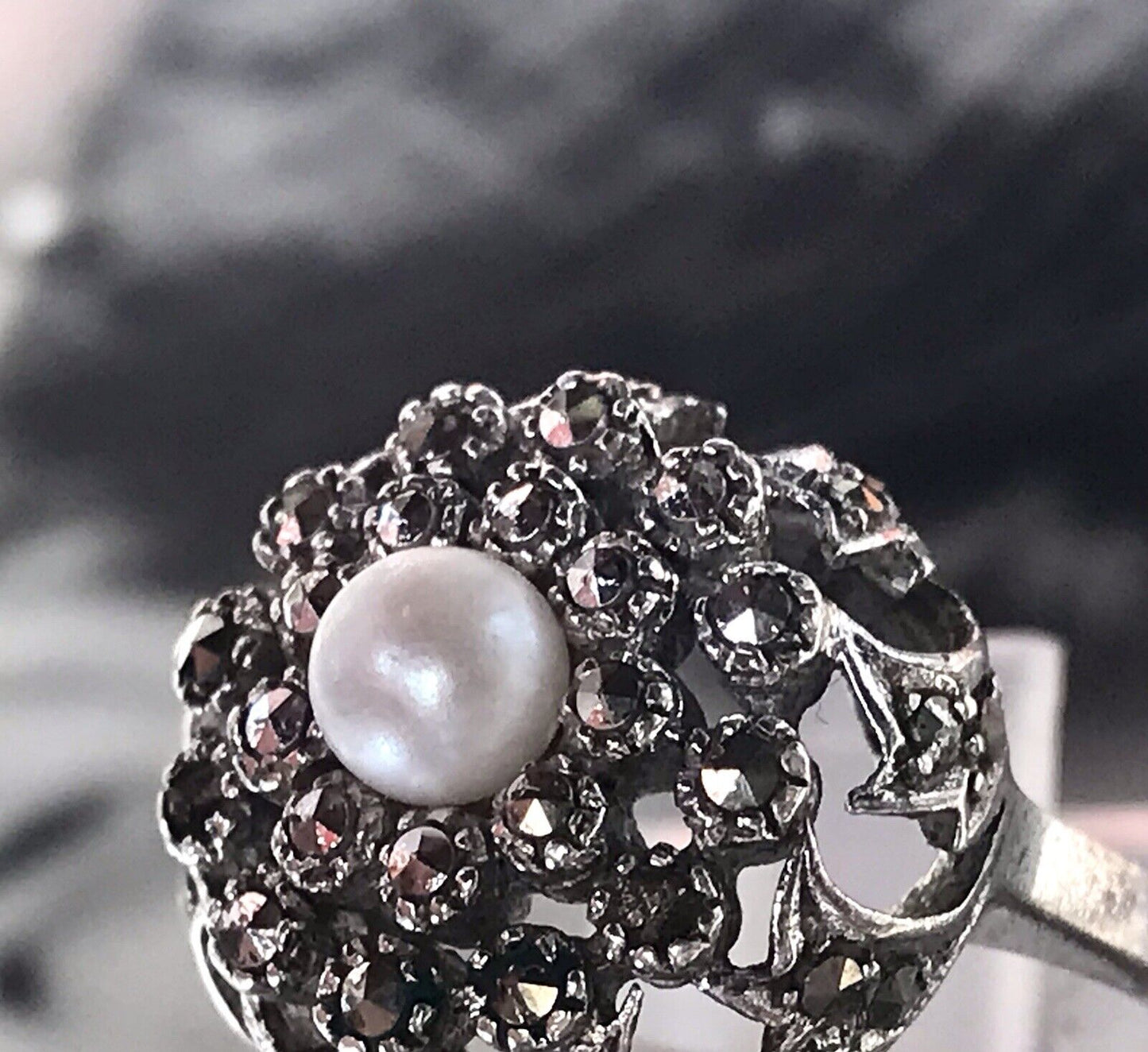 Antik Edel DAMEN Entourage RING Silber 835 Perle Markasite Gr.52