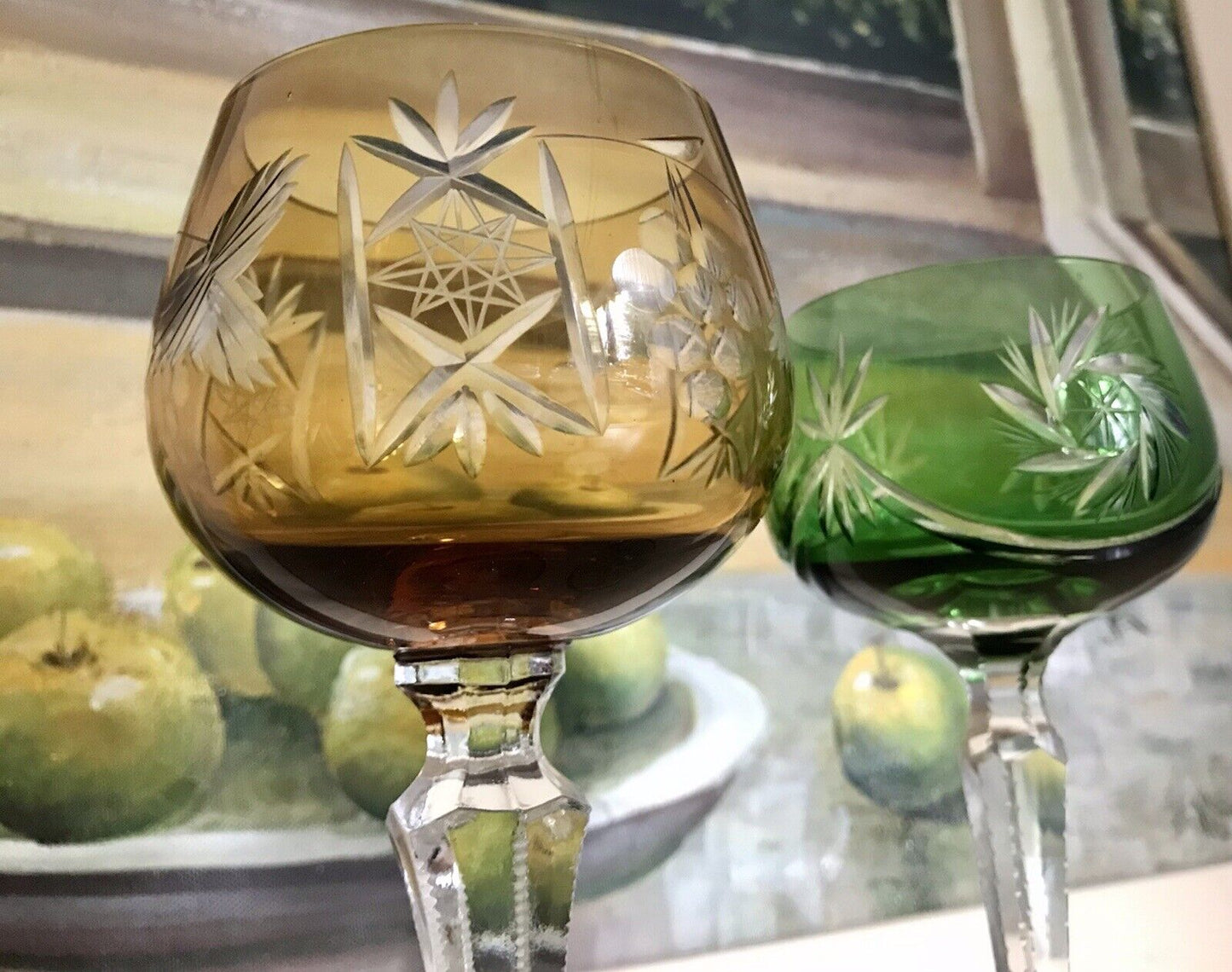 Alt Vintage antik? 2x Weinglas Römer Kristallglas Schliff gelb grün Schliff