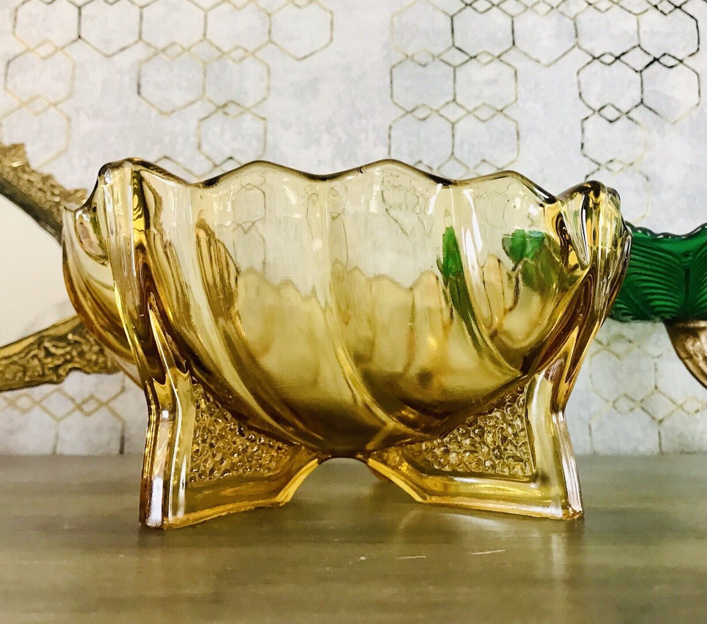 Antik Art Déco gelb Pressglas Jardiniere Schale Glas RAR markant