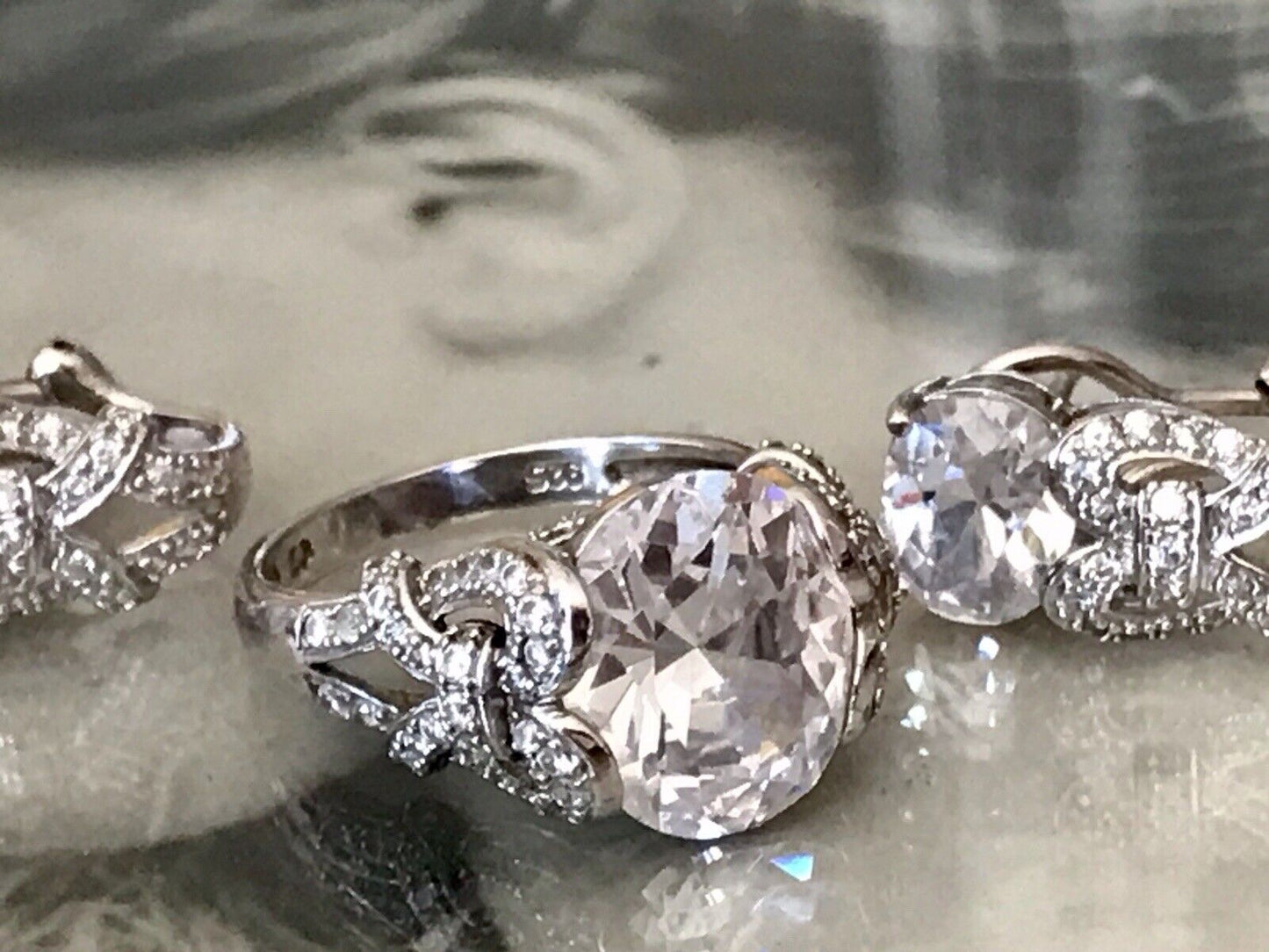 Edel Schmuck Set DAMEN RING & Ohrringe Silber 925 Gr.63 Steine Cubic Zirkonia