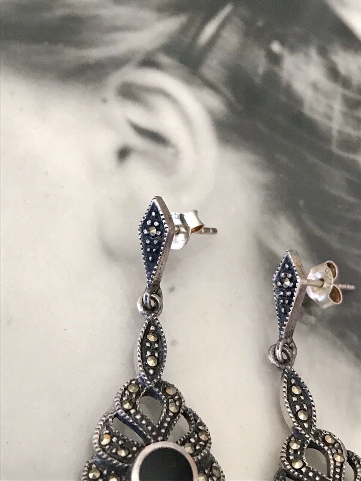 Antik Art Déco Wunderschön Ohrhänger Ohrringe DAMEN Silber 925 Onyx Markasite