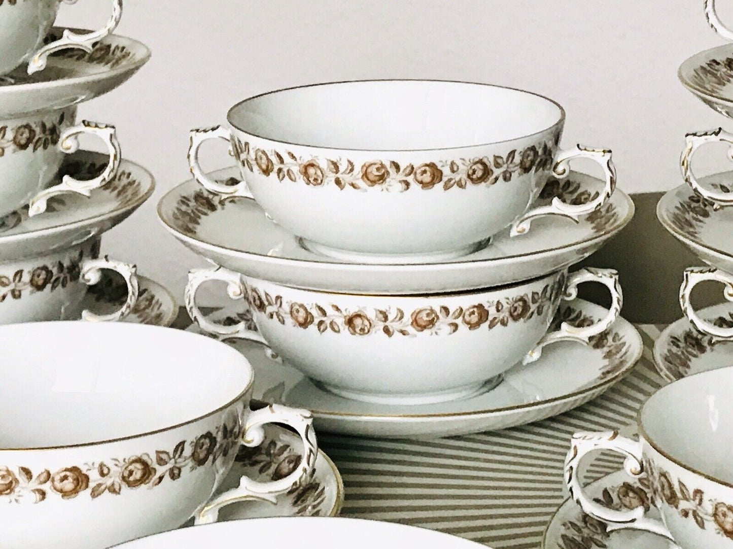 Vintage Porzellan Tafelservice Fürstenberg 12 Suppentassen weiß braun gold