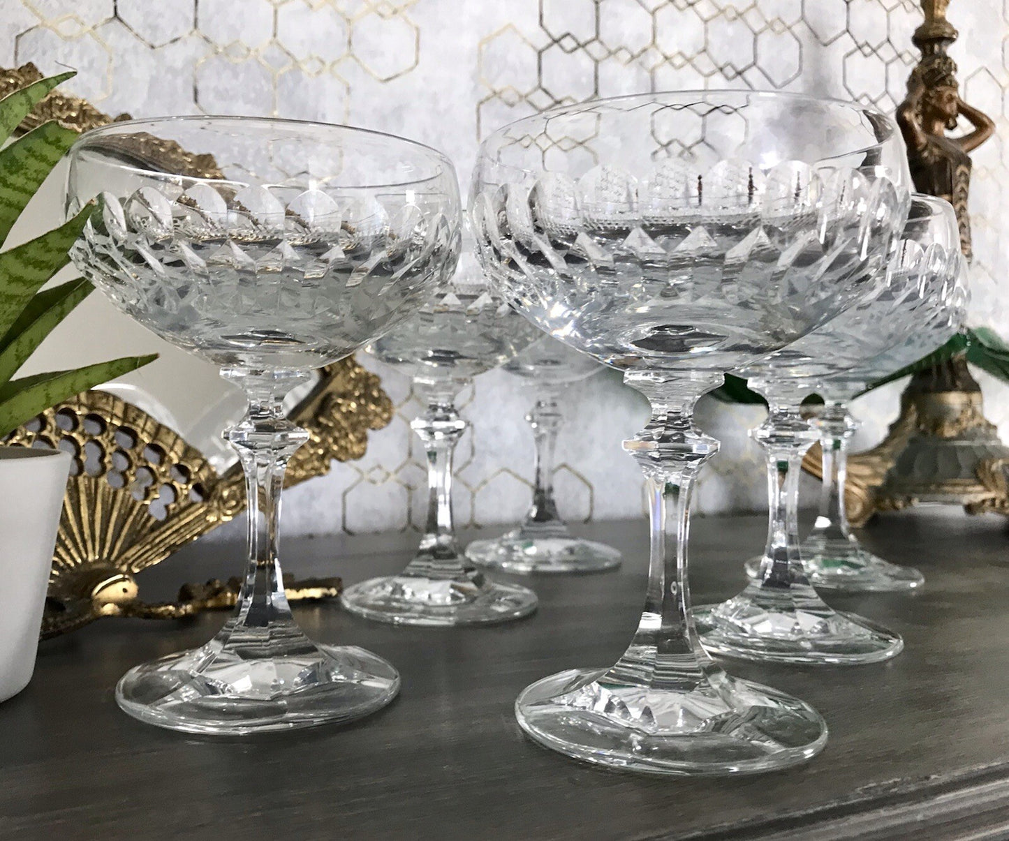 Vintage 8x Champagnerschalen Sektschalen Kristallglas Schliff Bleikristall