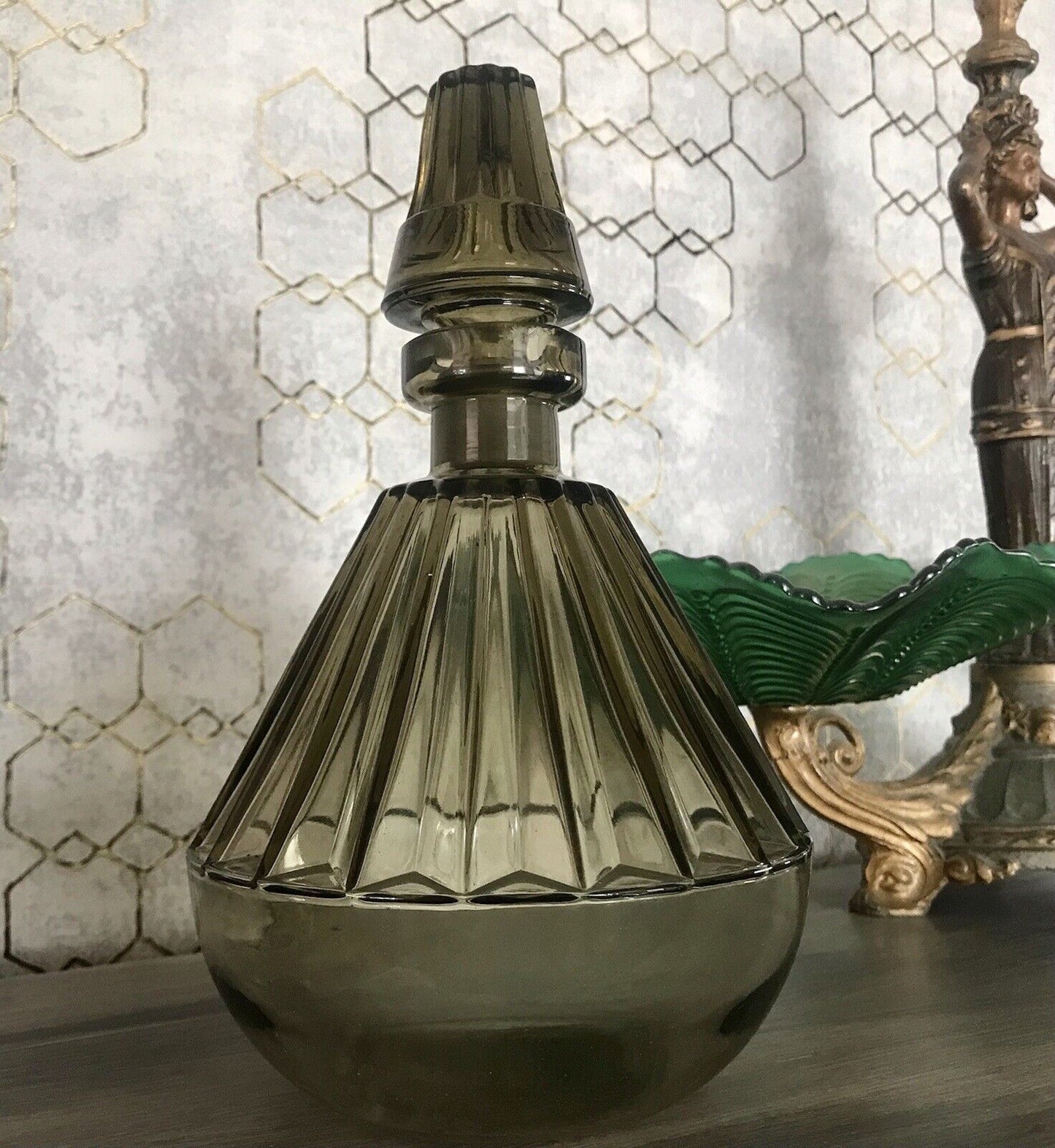Antik Art Déco Bauhaus Glas Karaffe Dekanter Rauchglas wundervoll