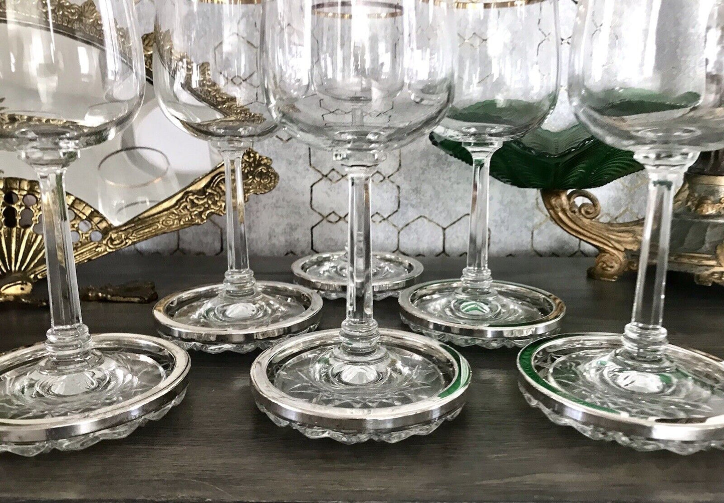 Vintage 6x Untersetzer für Weingläser Glas Kristallglas Bleikristall versilbert