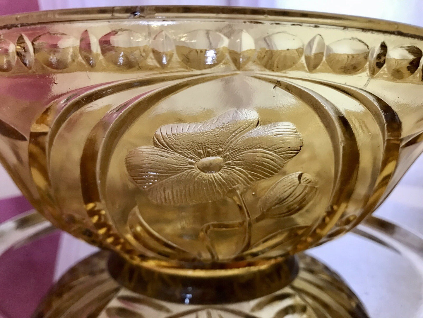 Antik Art Déco Vintage Pressglas Schale gelb Klatschmohn