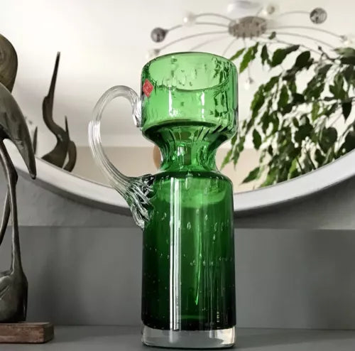 Vintage Vase Murano Glasvase grün Luftblasen Henkelvase