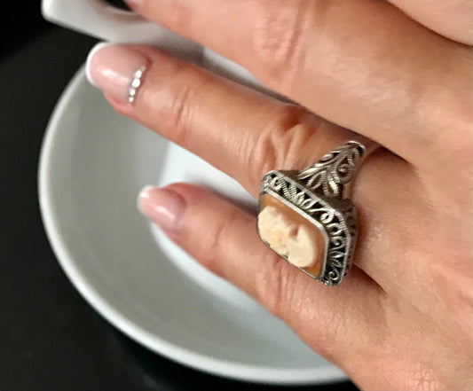 Antik Art Déco Jugendstil Edel DAMEN RING Silber Muschelgemme Cameè Gr. 62