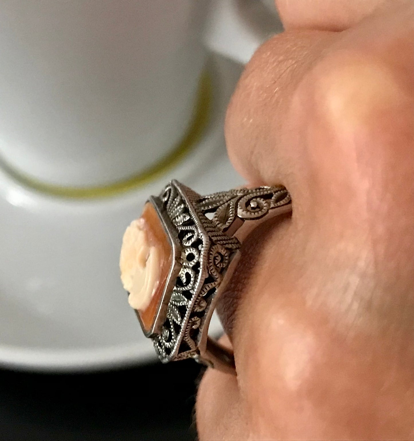 Antik Art Déco Jugendstil Edel DAMEN RING Silber Muschelgemme Cameè Gr. 62