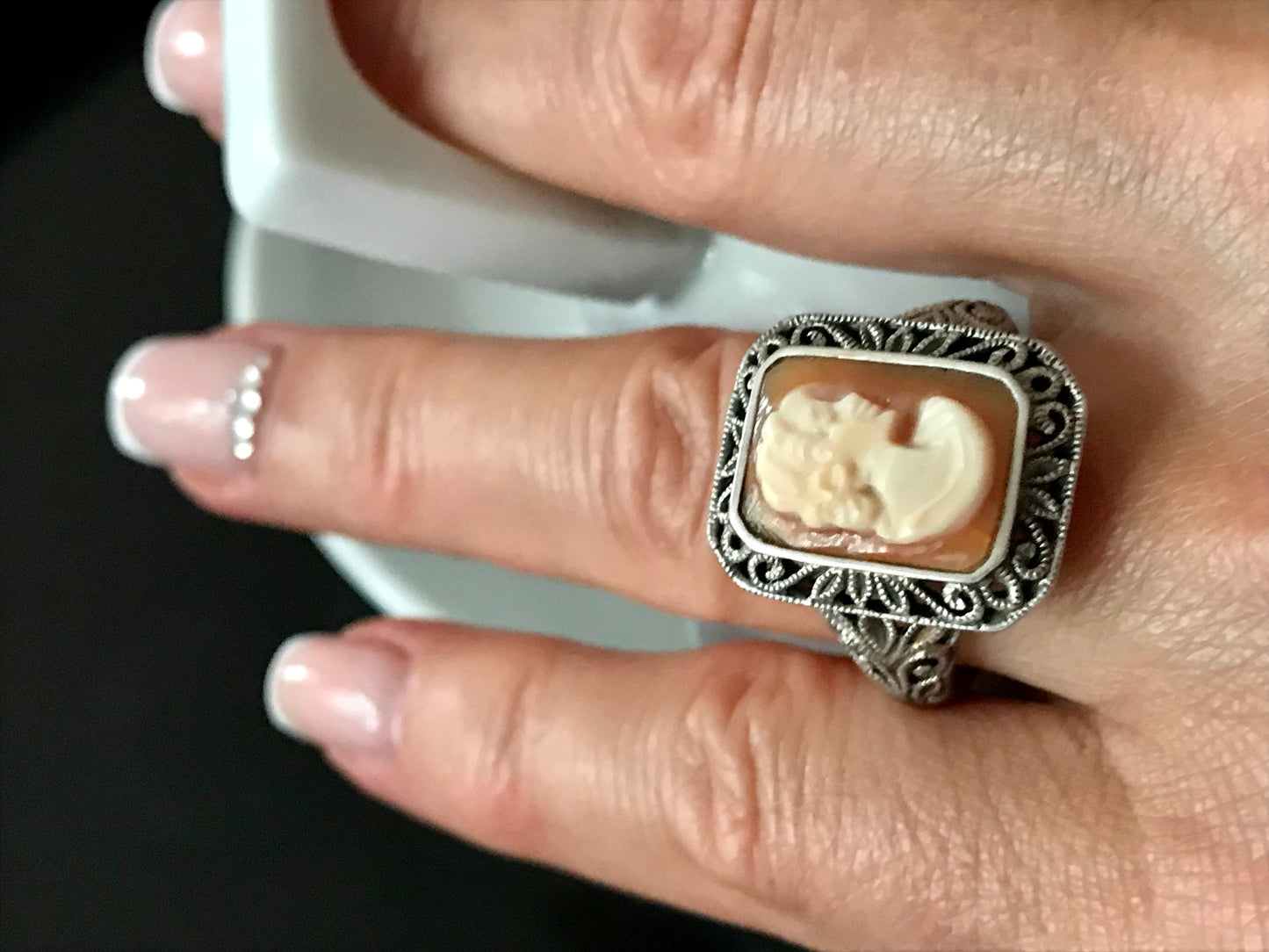 Antik Art Déco Jugendstil Edel DAMEN RING Silber Muschelgemme Cameè Gr. 62