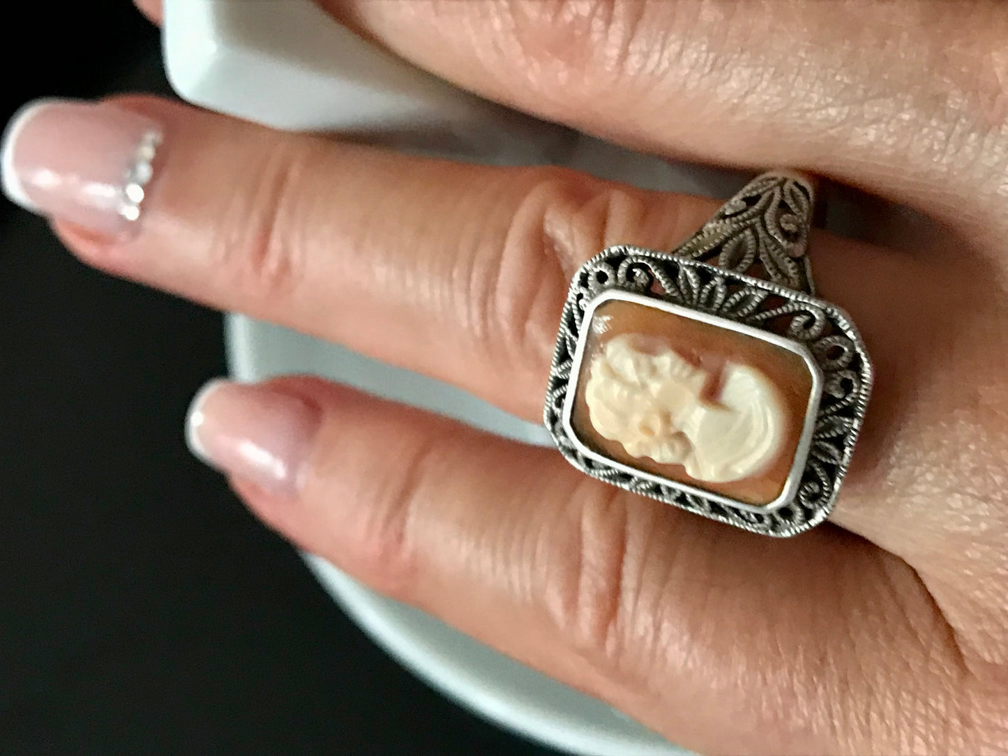 Antik Art Déco Jugendstil Edel DAMEN RING Silber Muschelgemme Cameè Gr. 62