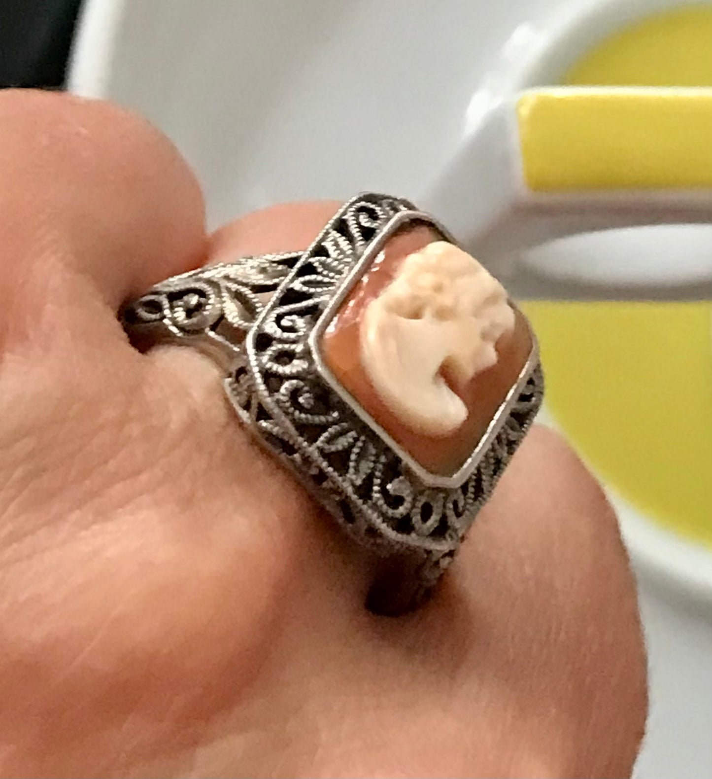 Antik Art Déco Jugendstil Edel DAMEN RING Silber Muschelgemme Cameè Gr. 62