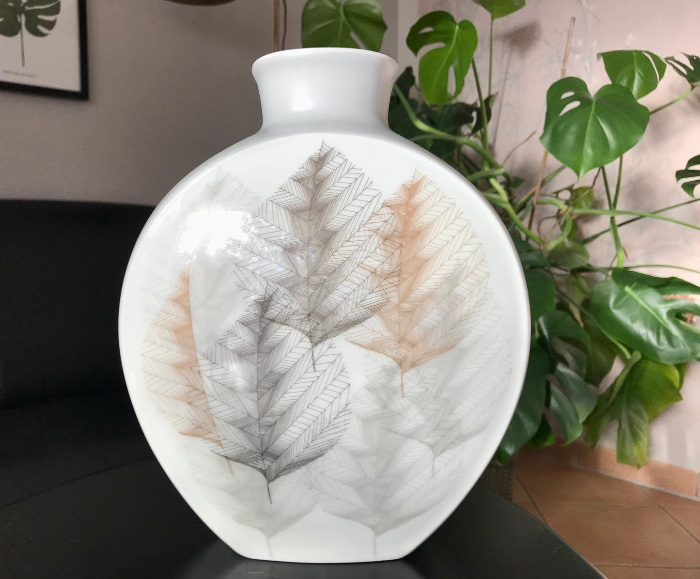 Vintage 60er Porzellan Designer Vase Hutschenreuther Blattdekor RAR groß