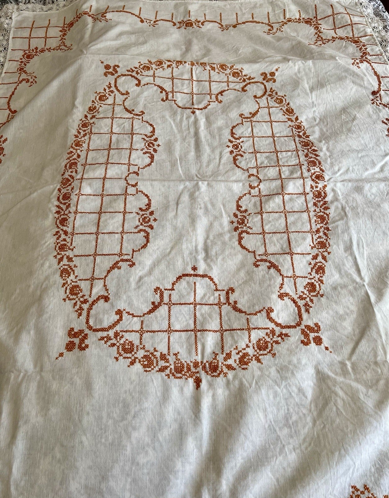 Antik Tischdecke  Art Deco Stickerei handbestickt orange Leinenmischung 160x125