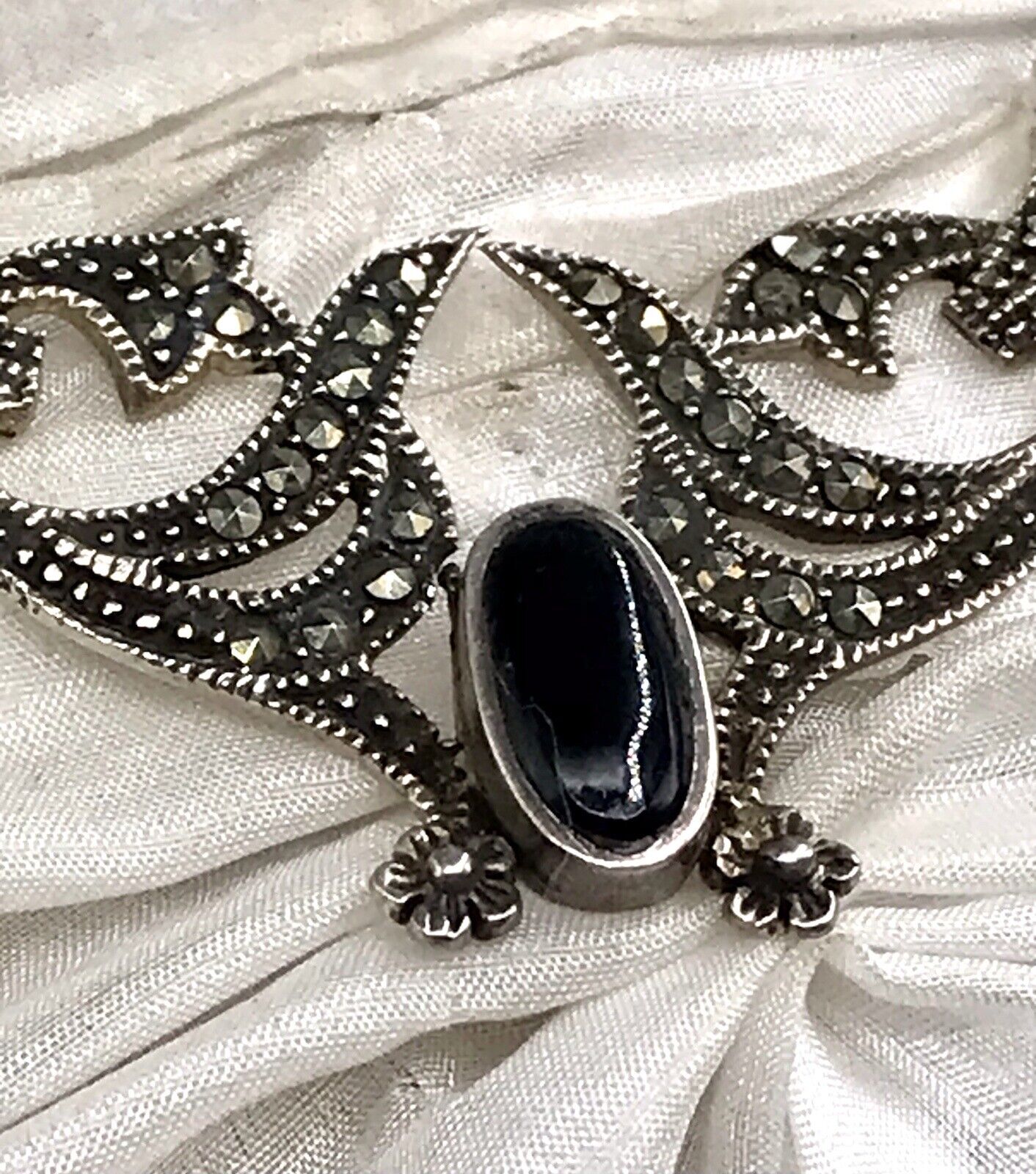 Antik Edel Jugendstil Art Déco 925 Silber Collier Halskette mit Onyx & Markasite