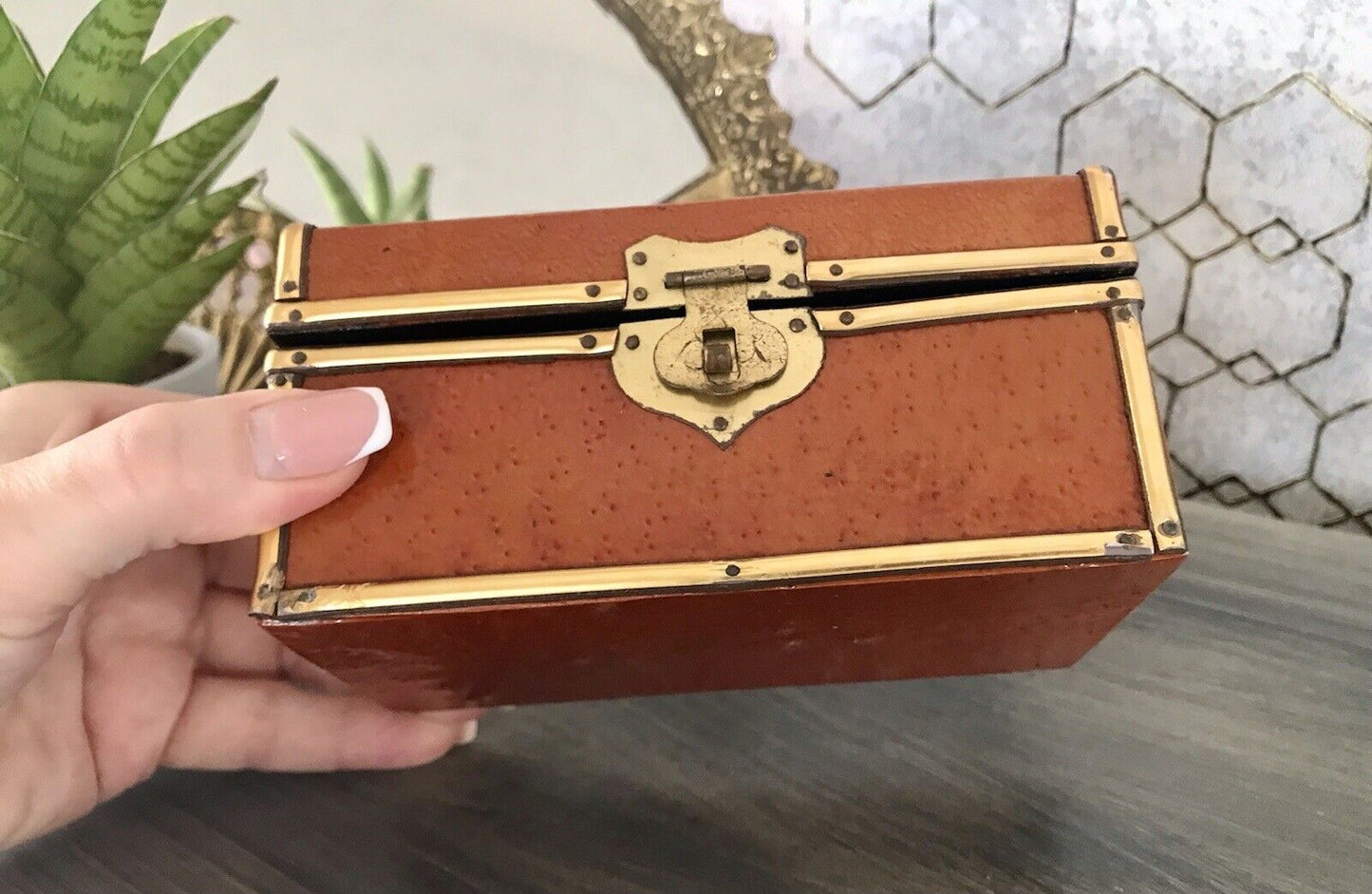 Vintage Schatulle Schmuckdose Dose Kästchen Leder bezogen Cognac