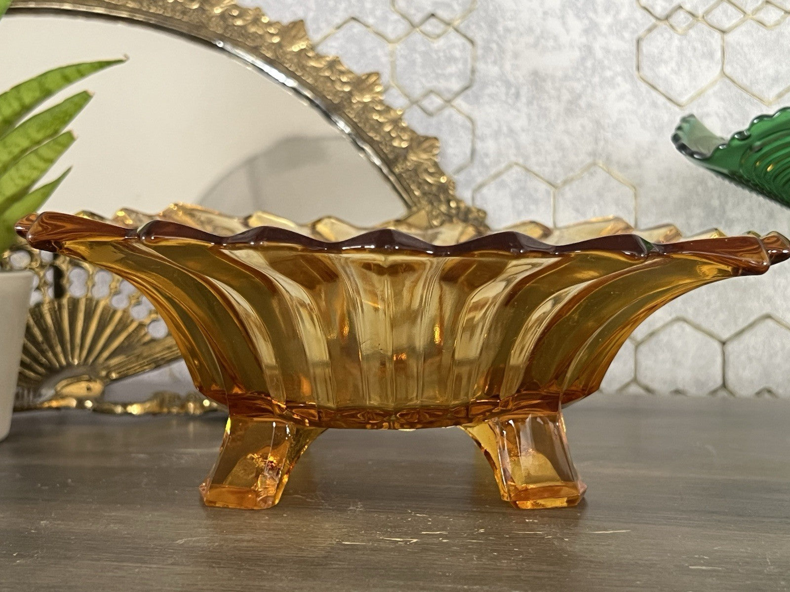 Antik Jardiniere Brockwitz Prismen Bernstein gelb Art Déco Schale Pressglas Glas