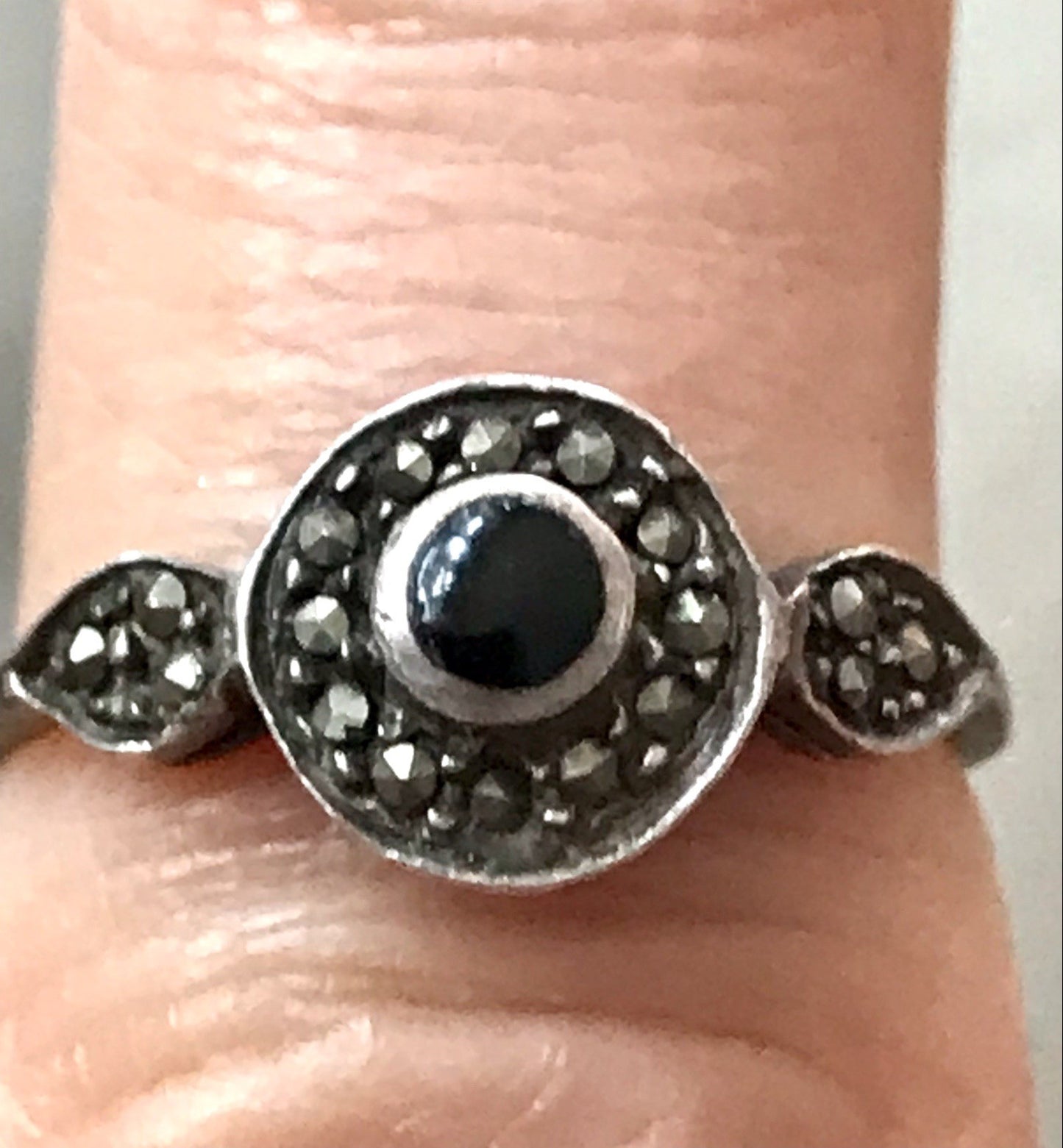 Antik Art Déco Edel Onyx Markasite DAMEN RING Silber 925 Gr.51 16,2