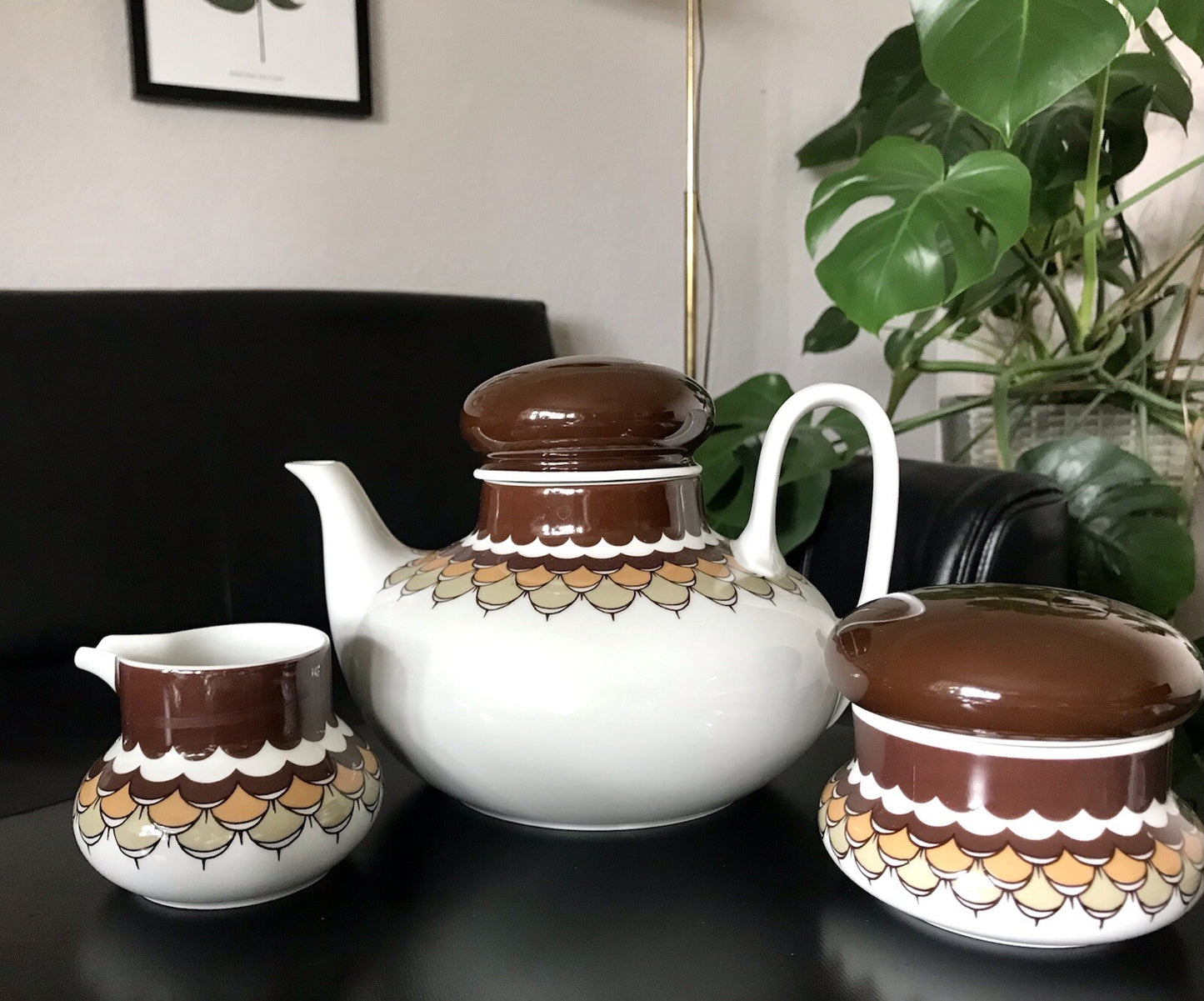 Alt Vintage 70er Thomas Porzellan Kaffeeservice weiß braun orange Wirkalla 6 P.