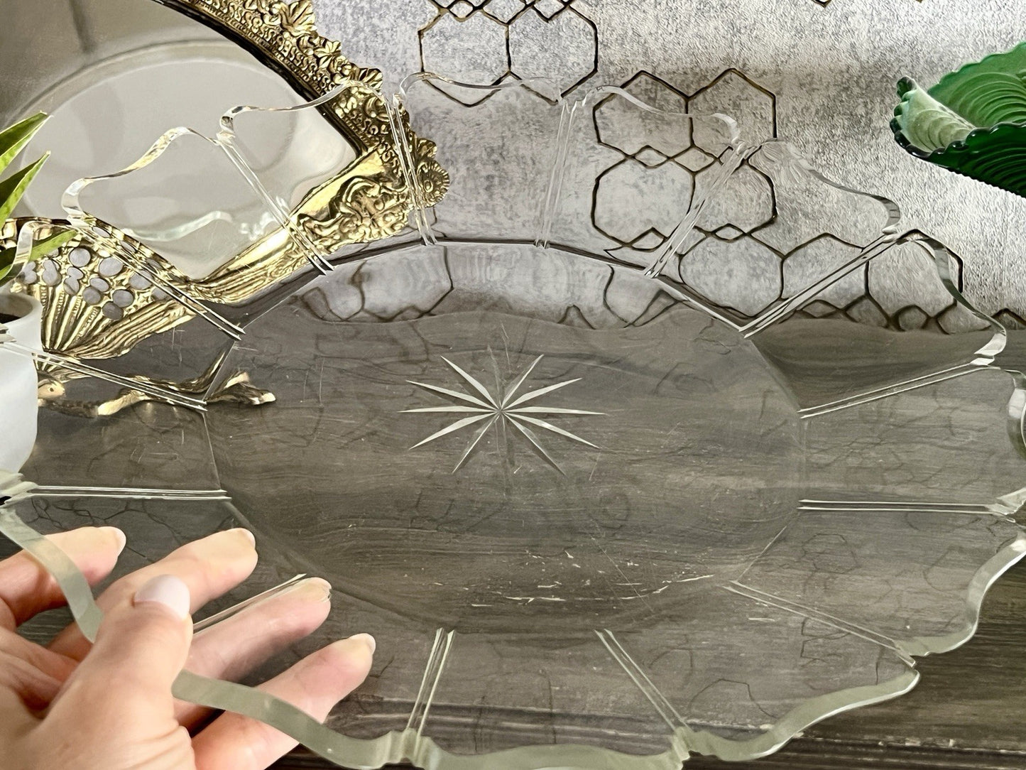 Antik Biedermeier Groß  Schale Teller Glasschale um 1850 geschnitten