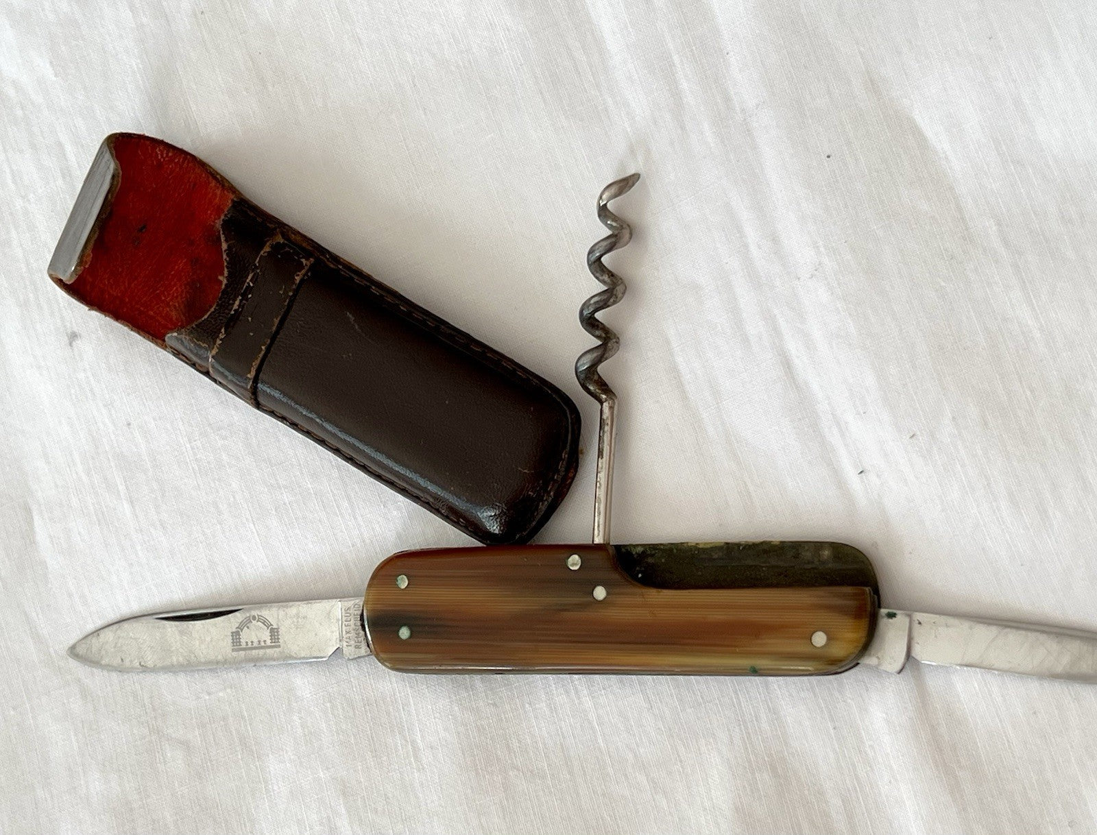 Antik Vintage Taschenmesser Klappmesser Jagdmesser Max Flus Remscheid Lederetui