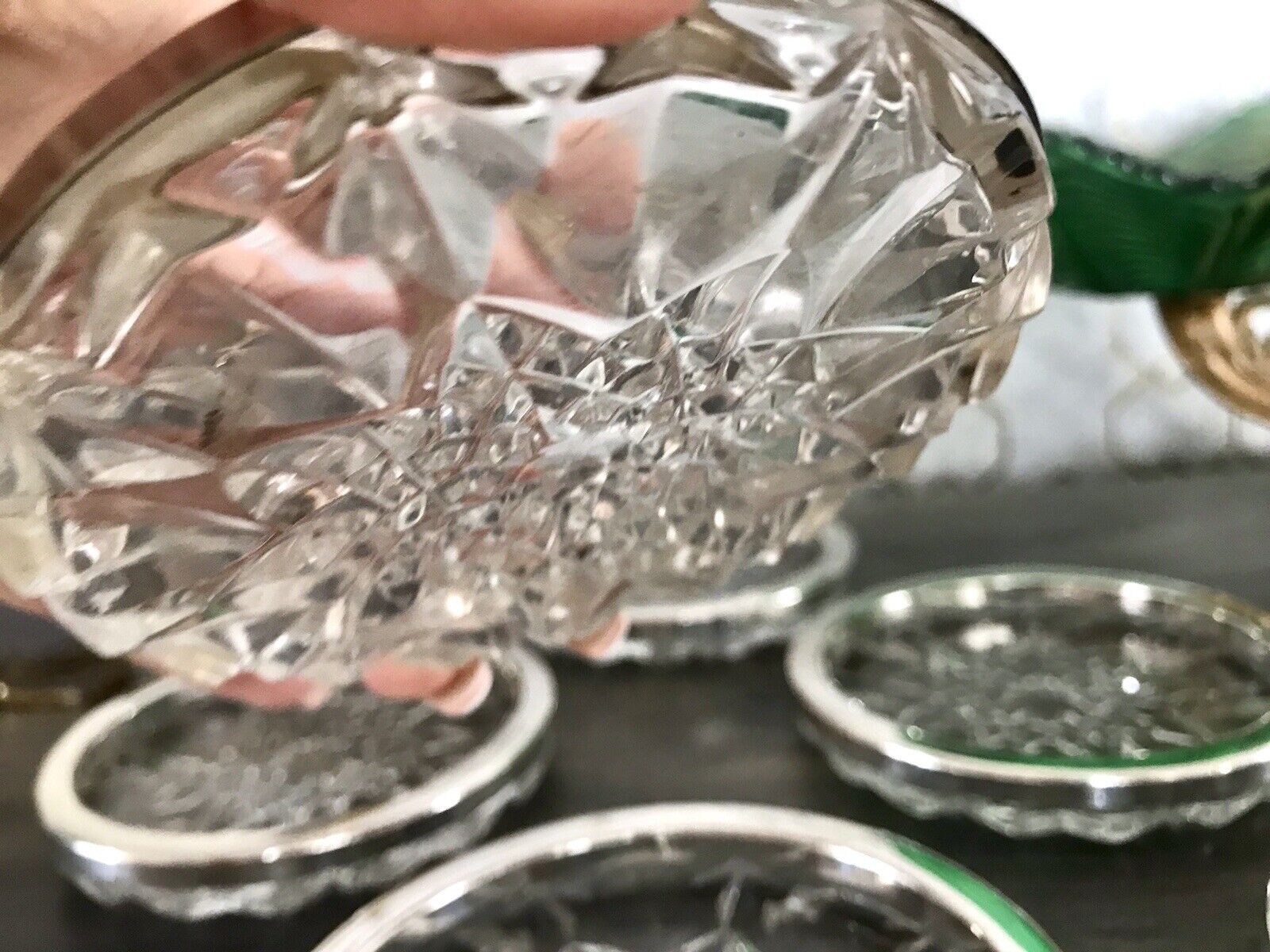 Vintage 6x Untersetzer für Weingläser Glas Kristallglas Bleikristall versilbert