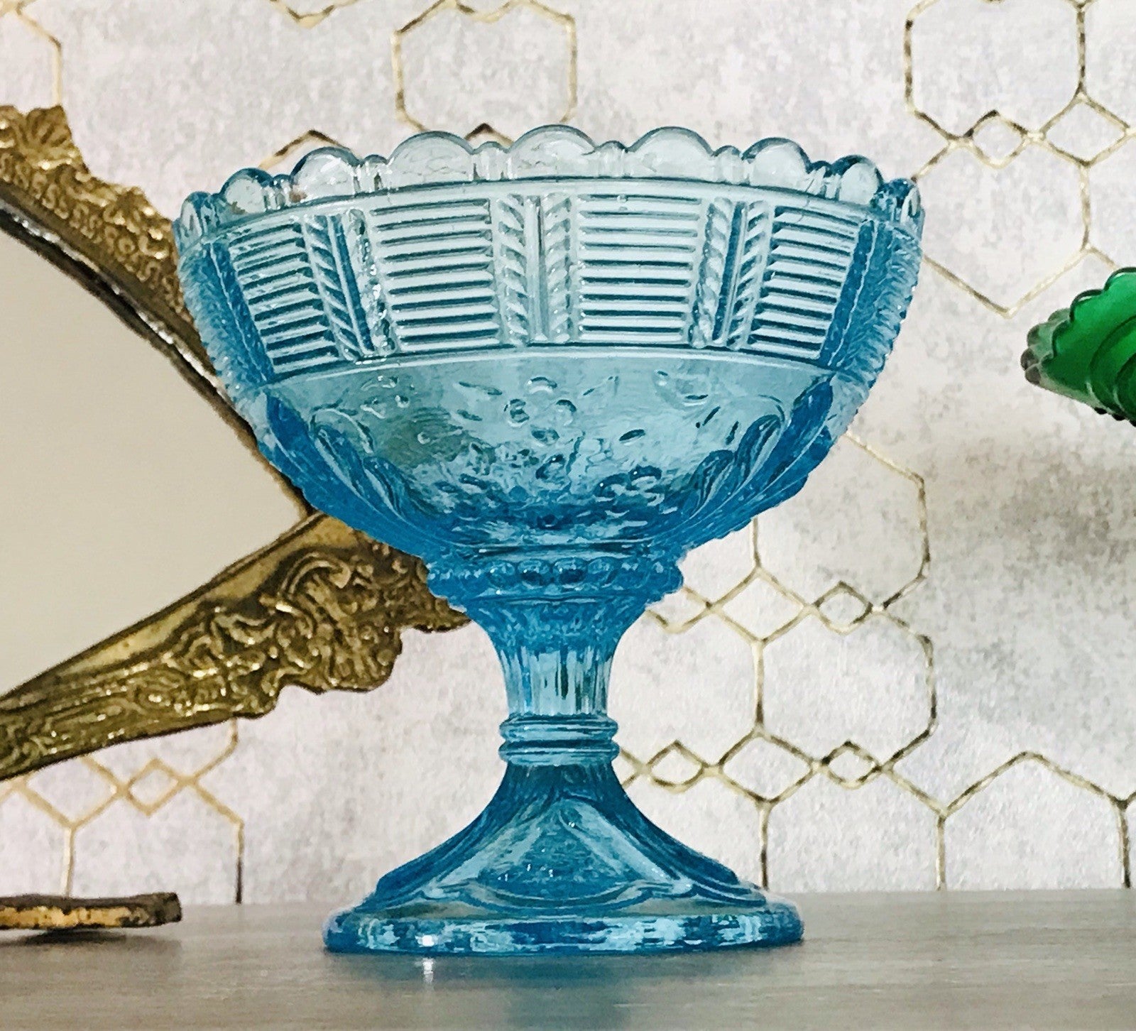 Antik Jugendstil Art Déco Pressglas Glas Fußschale Schale Zuckerschale Blau