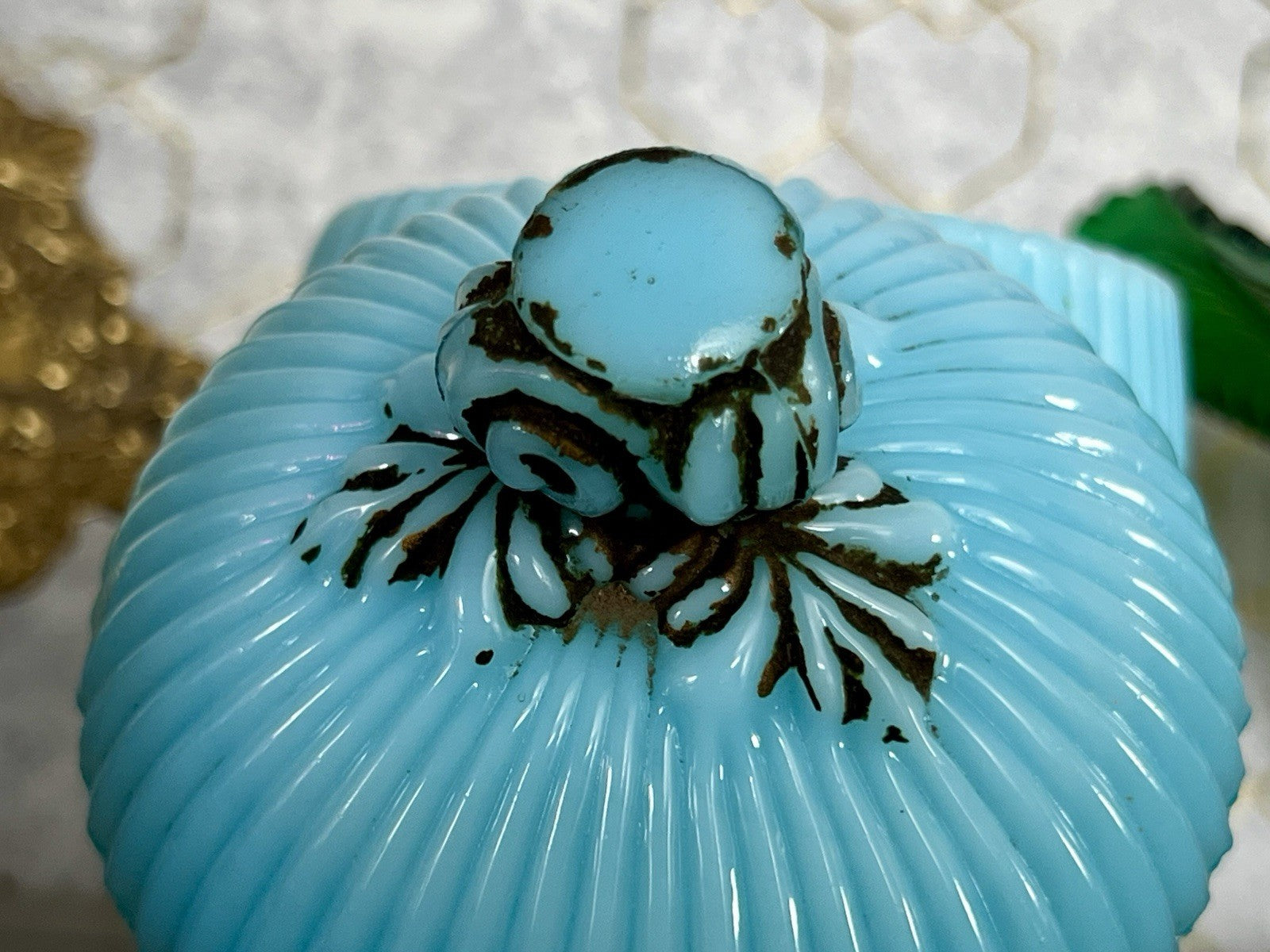 Antik Jugendstil Glasdose Kugel Dose Opalglas Deckeldose blau Pressglas SCHÖN!