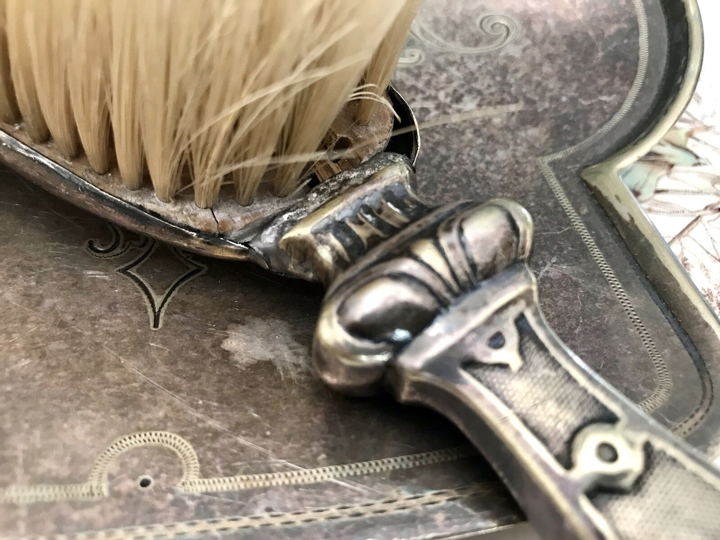 Antik versilbert Jugendstil Tischkehrset Tischkehrer Tisch Krümmelkehrer