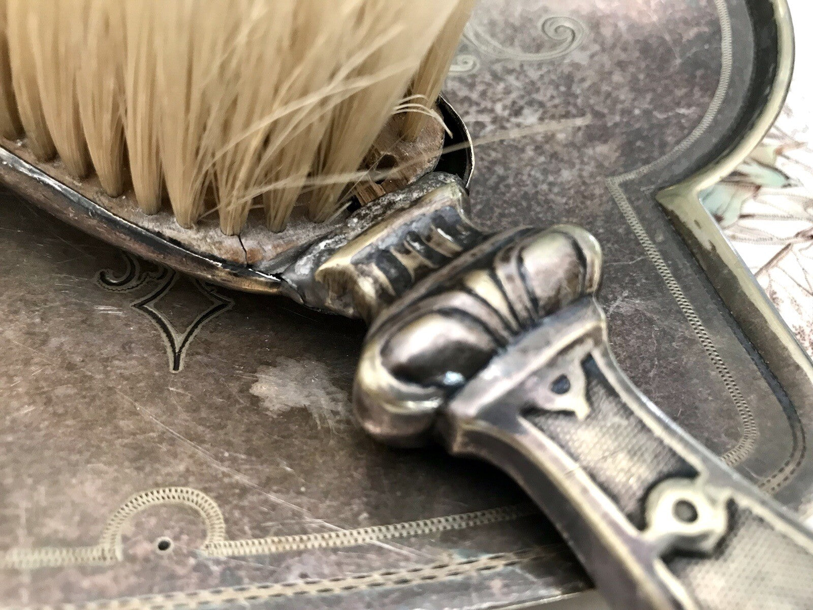 Antik versilbert Jugendstil Tischkehrset Tischkehrer Tisch Krümmelkehrer