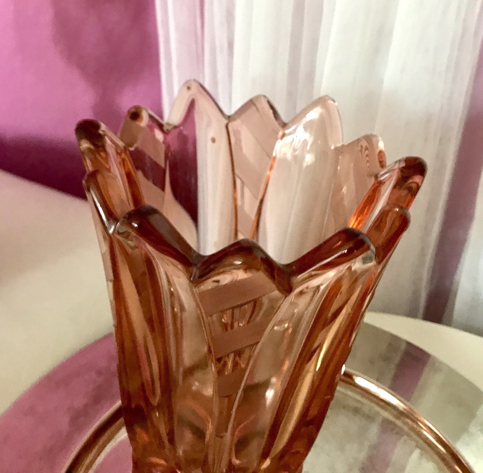 Antik Art Déco Vase Glasvase Pressglas Glas Rosalin rosa Blumenvase Schwepnitz