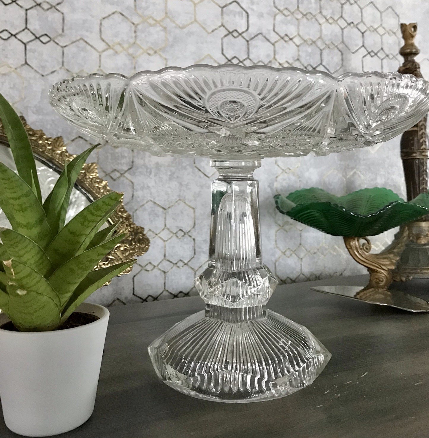 Antik Art Déco Pressglas Glas Schale Fußschale Tafelaufsatz Brockwitz Imperial