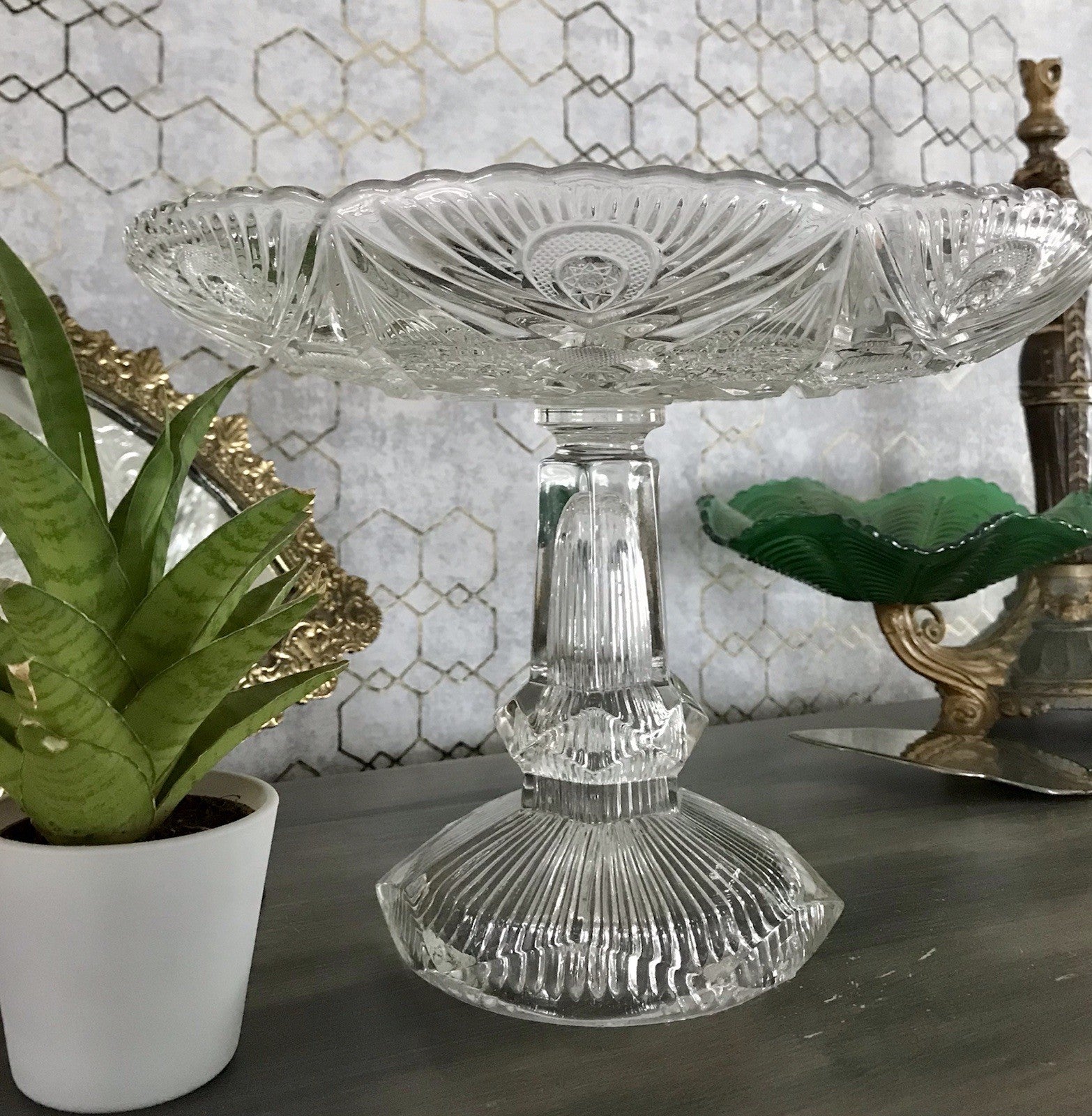 Antik Art Déco Pressglas Glas Schale Fußschale Tafelaufsatz Brockwitz Imperial
