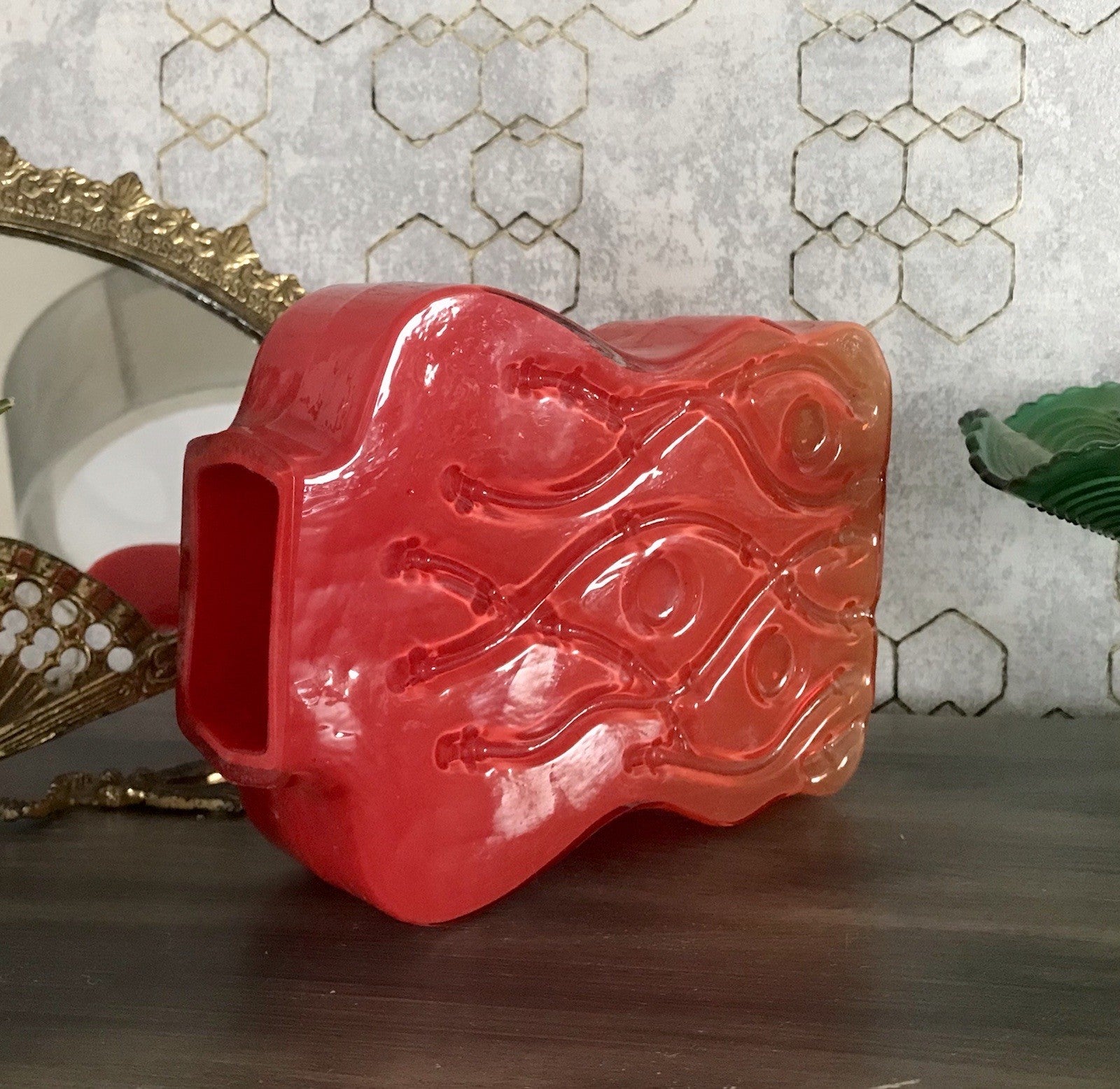 Vintage 70er Design Glasvase Glas Rot Orange Vase Pop Art Hirschberg