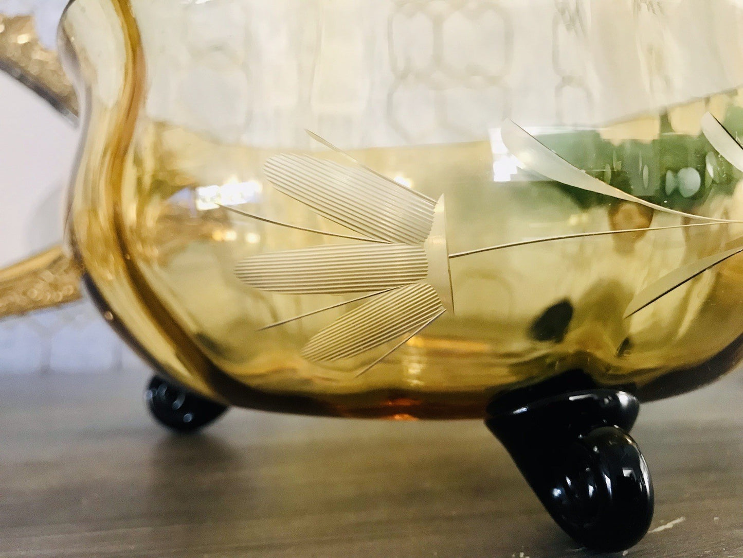 Antik Art Déco Schale Glasschale Bernstein Gelb schwarz Glas gerippt & Schliff